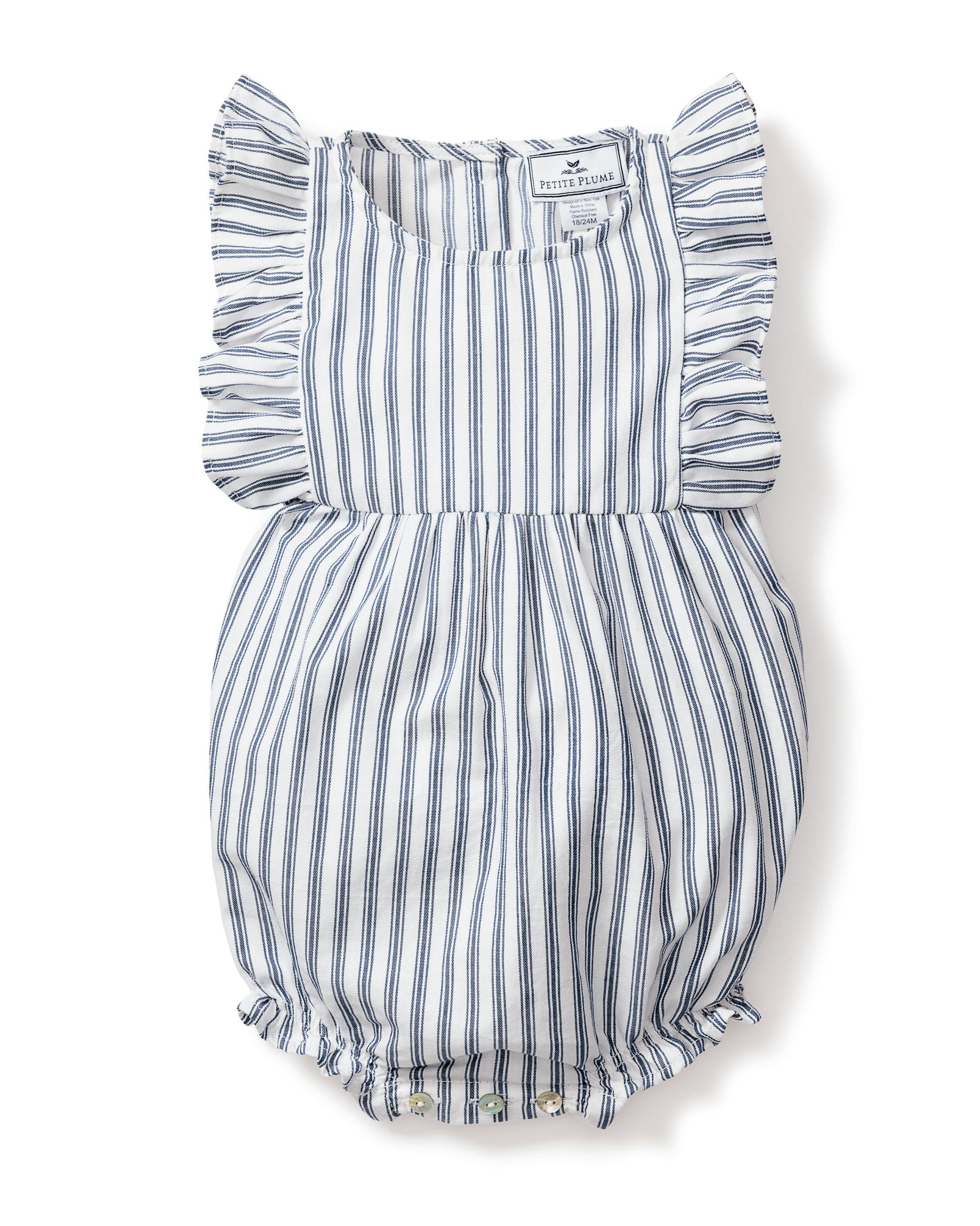 Baby's Twill Ruffled Romper in Navy French Ticking