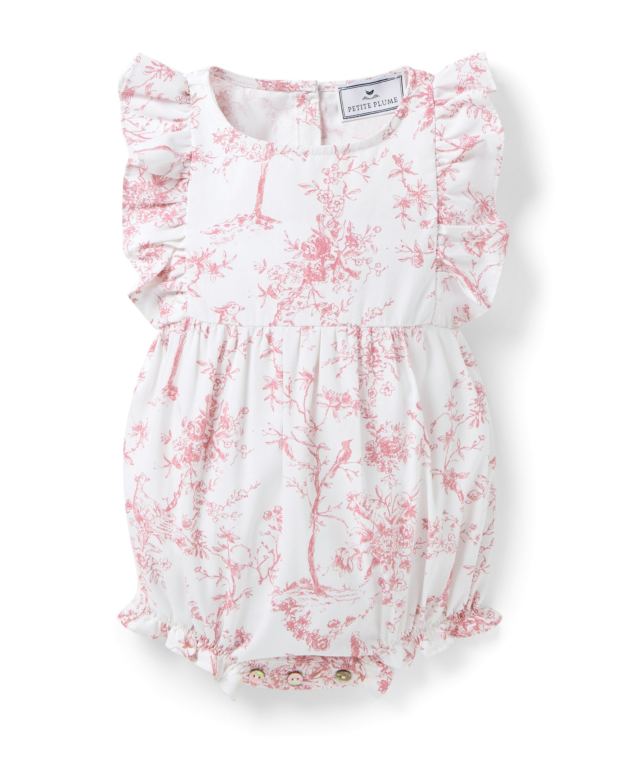 Baby's Twill Ruffled Romper in Pink Timeless Toile
