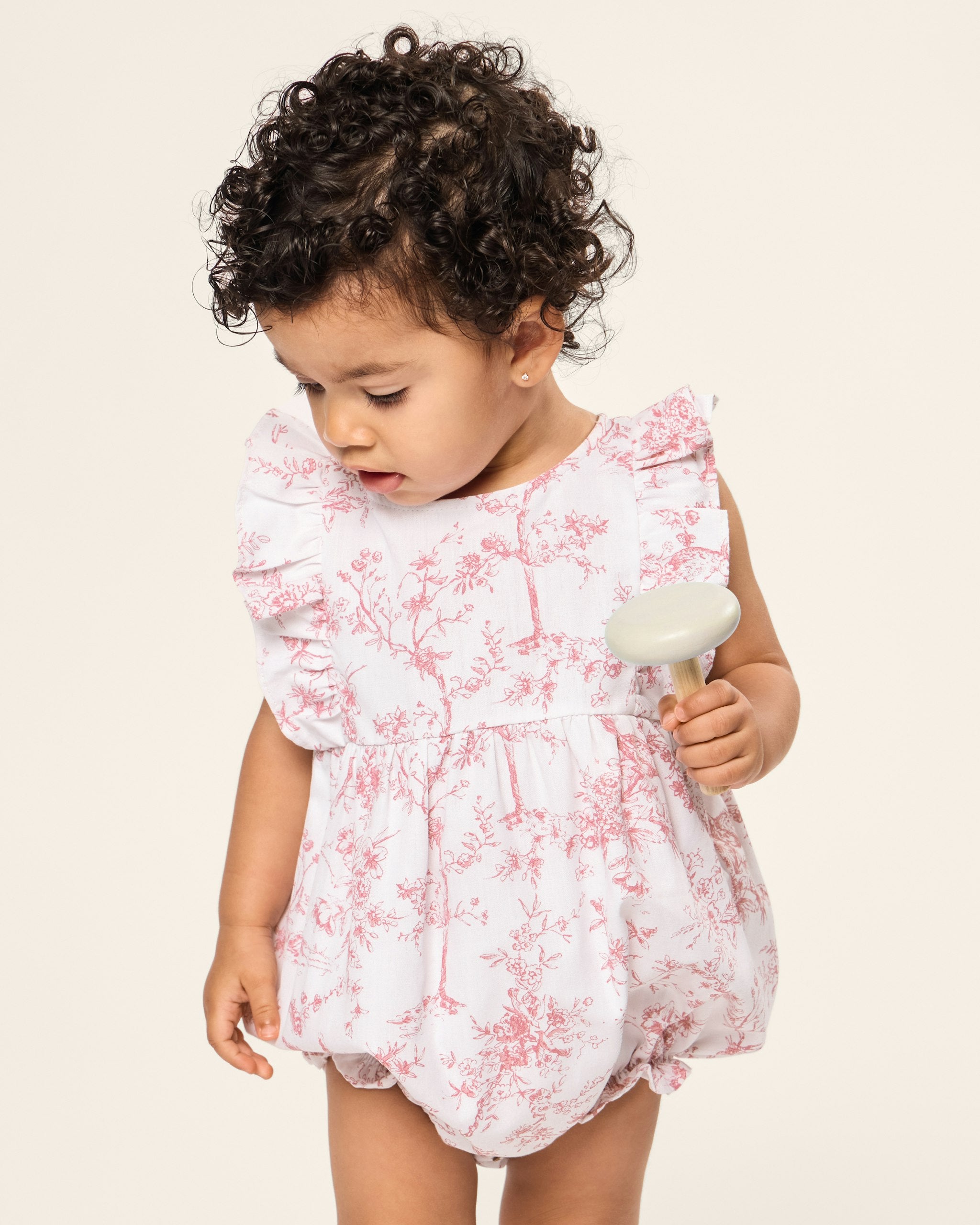Baby's Twill Ruffled Romper in Pink Timeless Toile