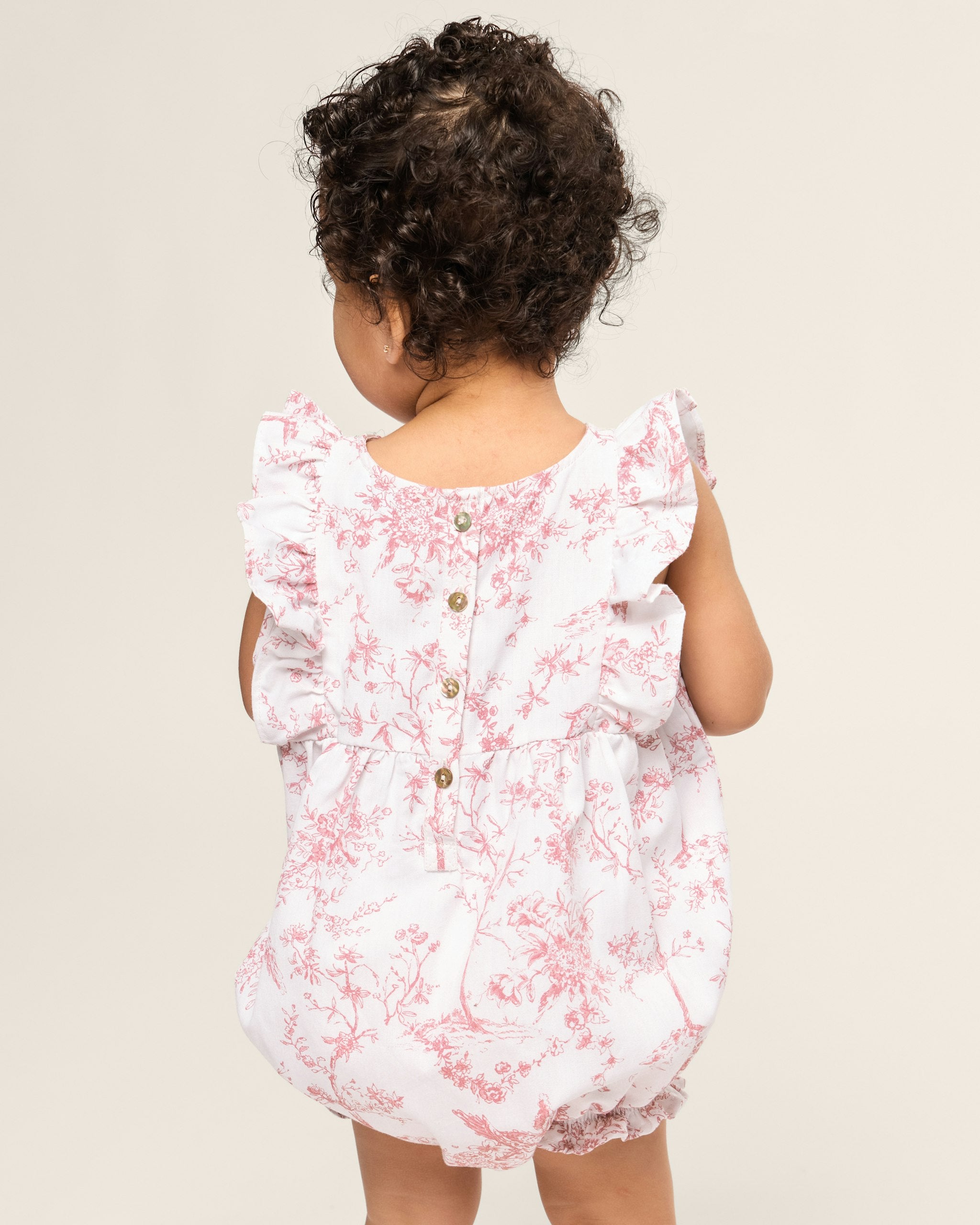 Baby's Twill Ruffled Romper in Pink Timeless Toile