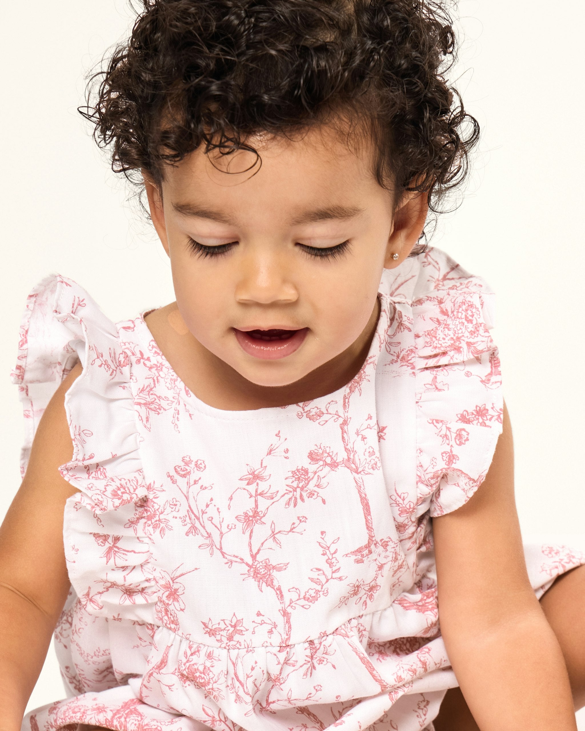 Baby's Twill Ruffled Romper in Pink Timeless Toile