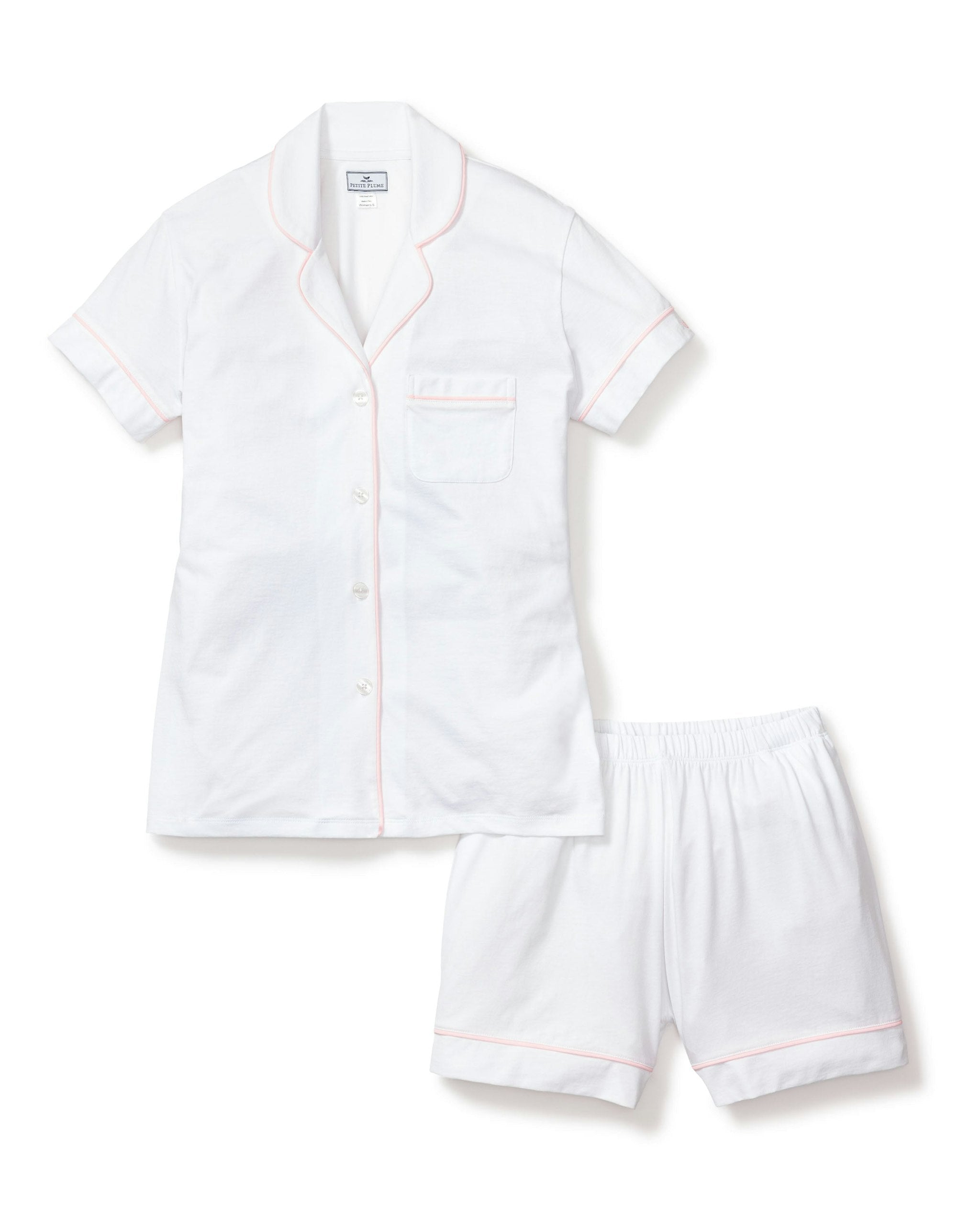 Women's Pima Short Sleeve Short Set in White with Pink Piping