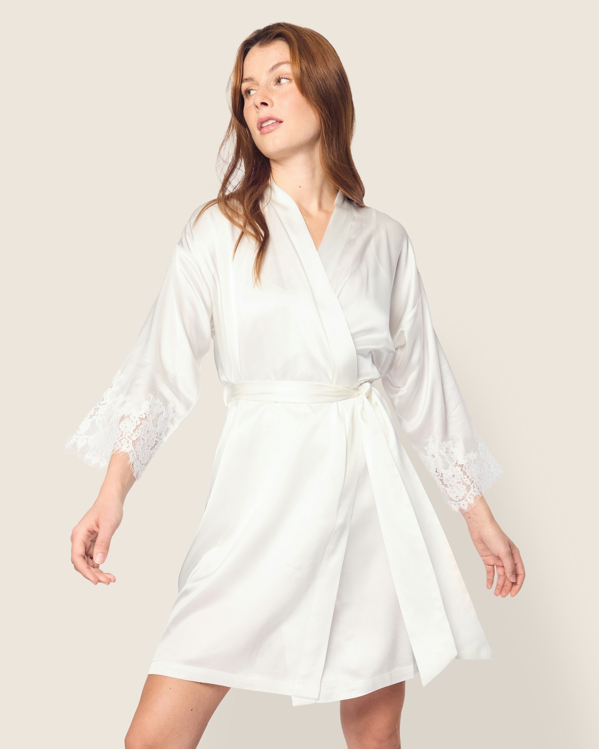 Women's Silk Lace Robe in White - Petite Plume