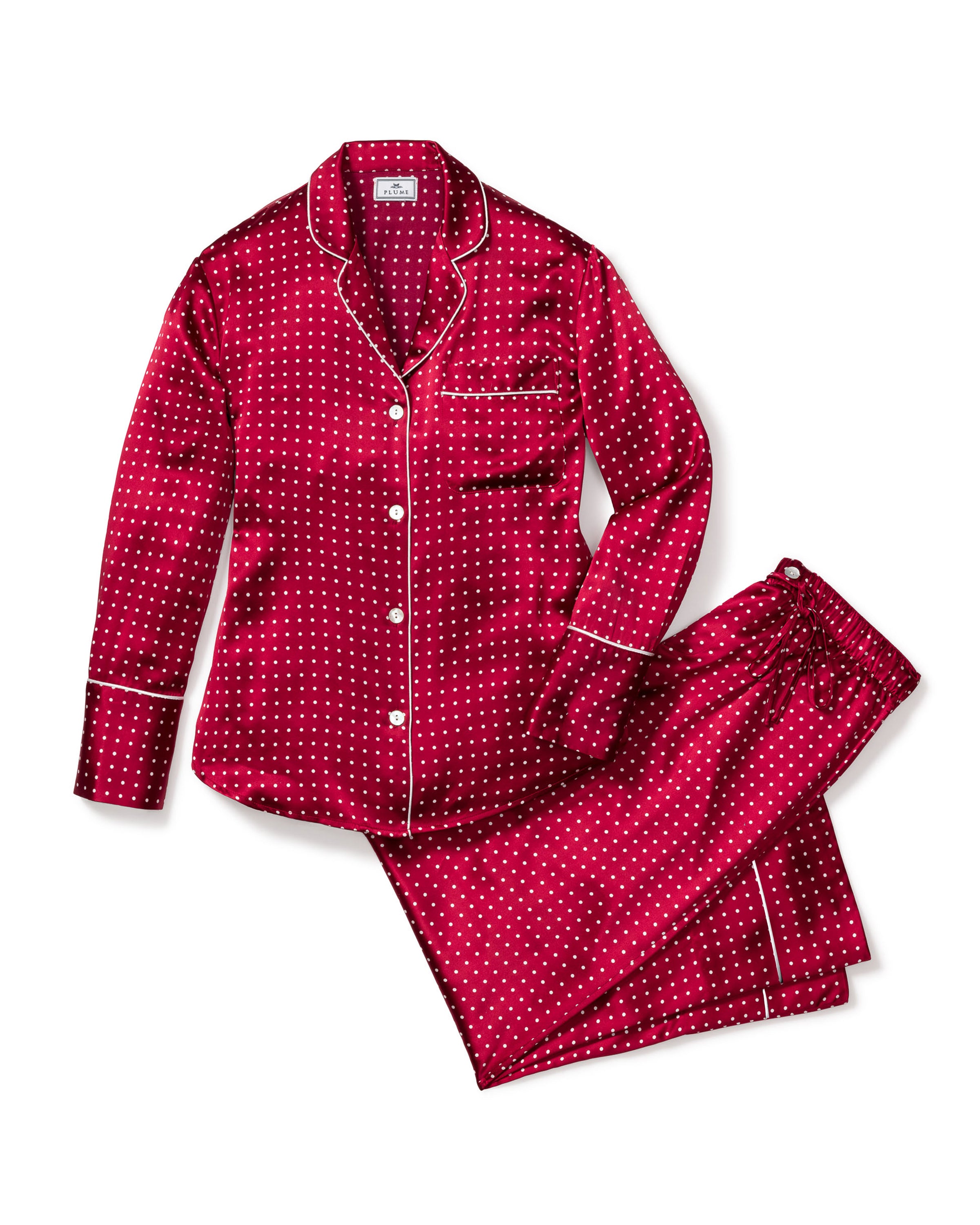 Women's Silk Pajama Set in Bordeaux Polka Dot