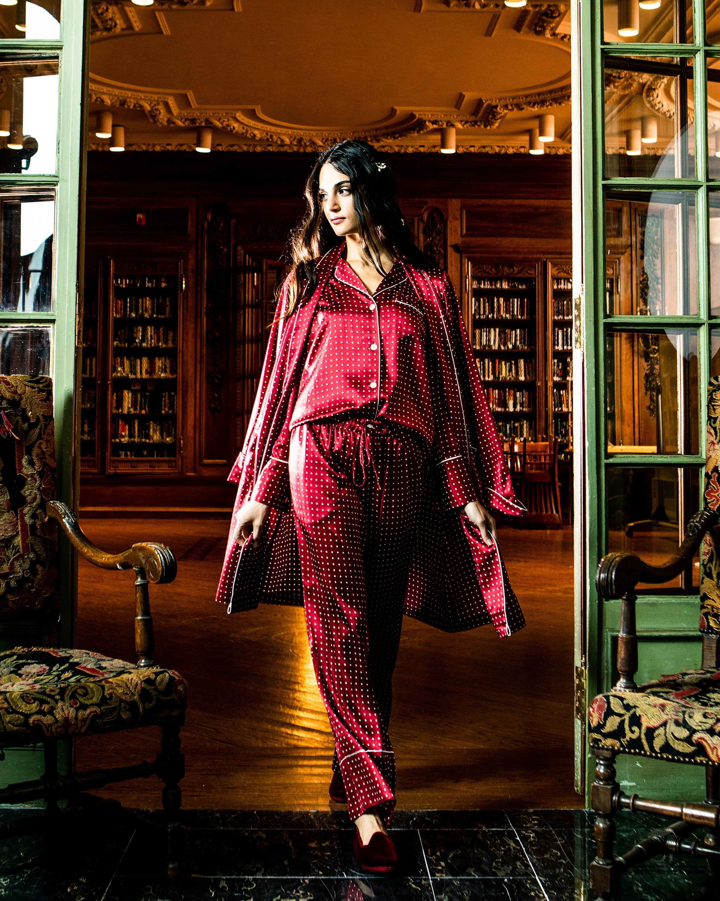 Women's Silk Pajama Set in Bordeaux Polka Dot