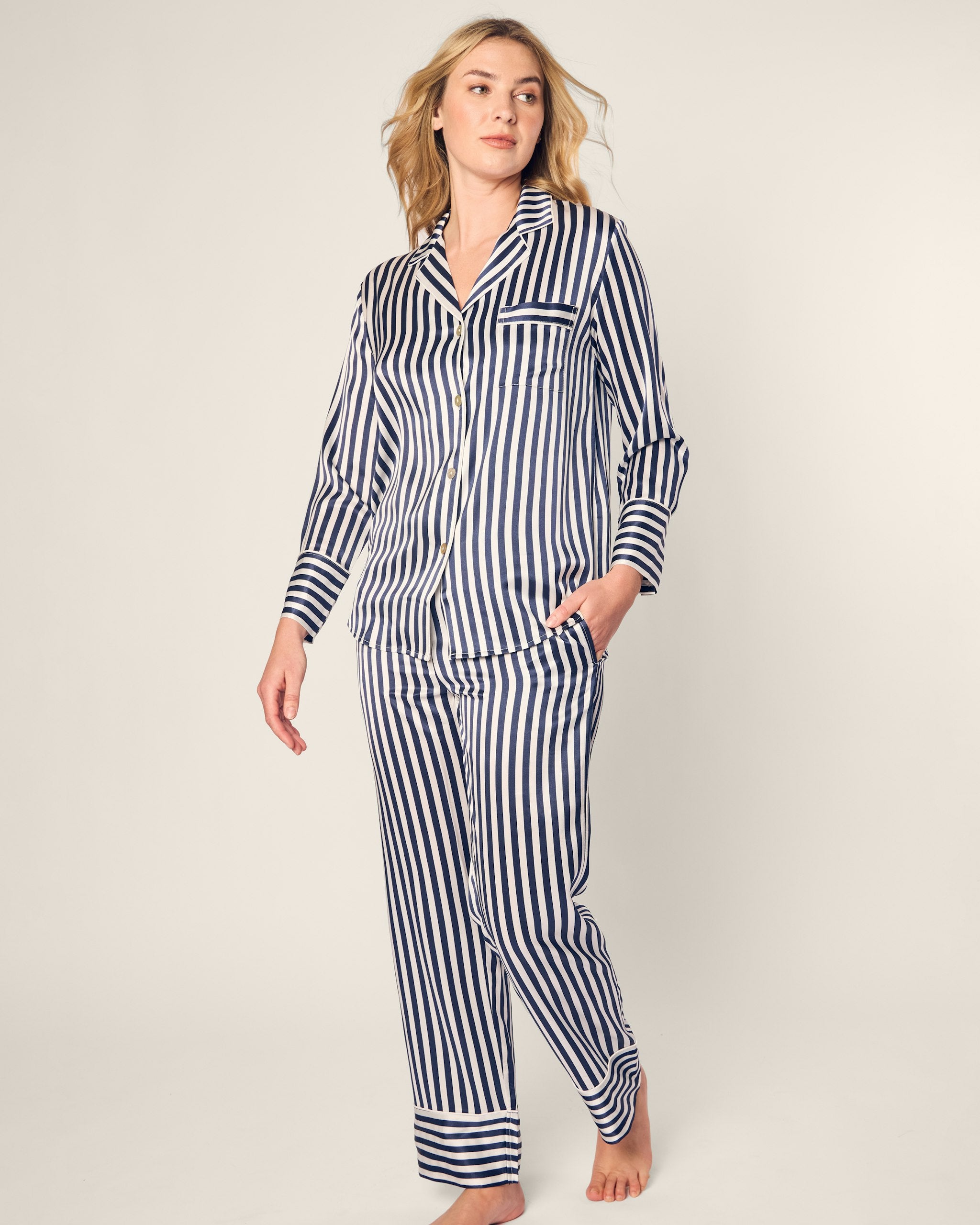 Women's Silk Pajama Set in Pink Stripe