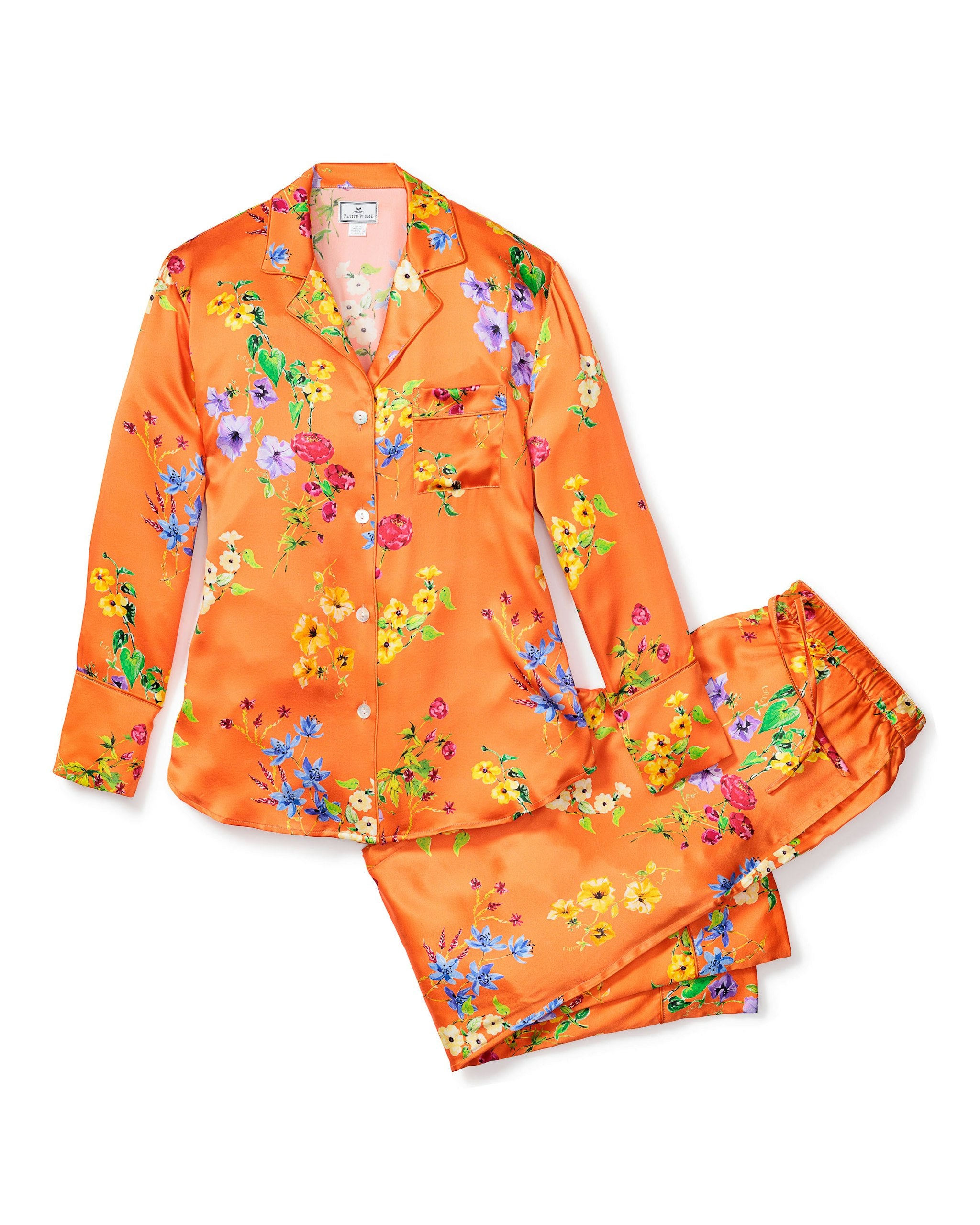 Women's Silk Pajama Set in Tangerine Brilliant Botanical