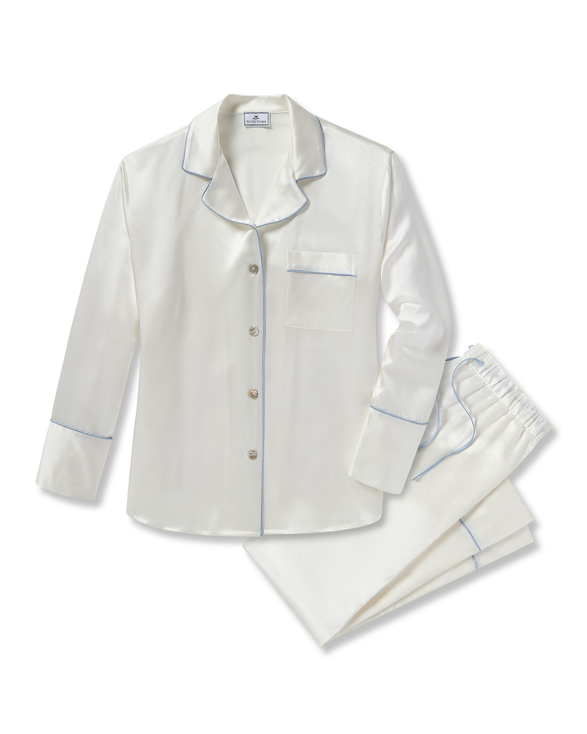 Women's Silk Pajama Set in White with Periwinkle Piping