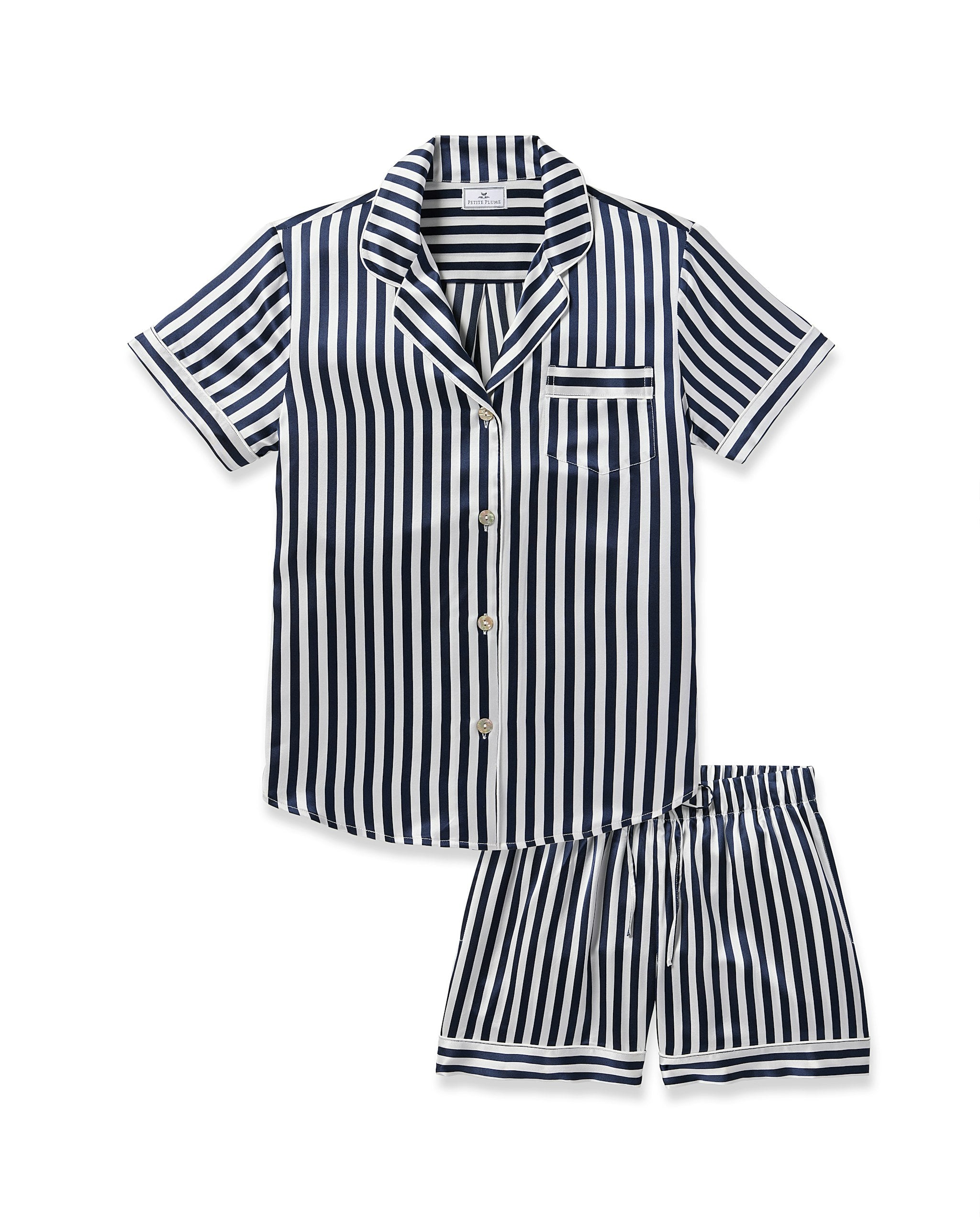 Women's Silk Pajama Short Set in Navy Bengal Stripe