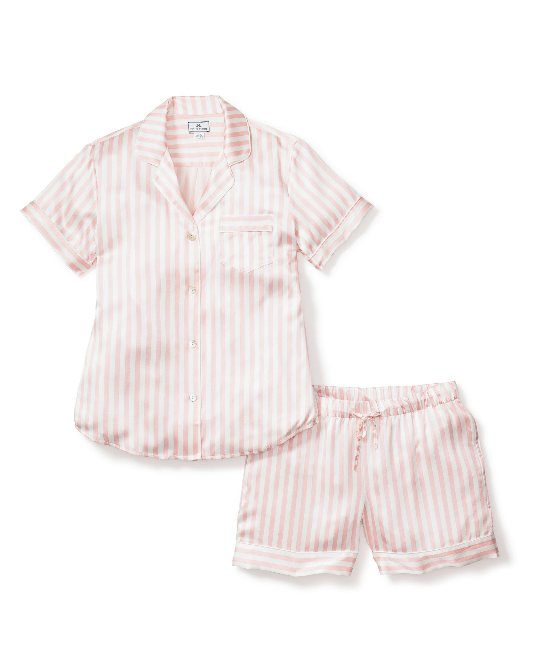 Women's Silk Pajama Short Set in Pink Stripes