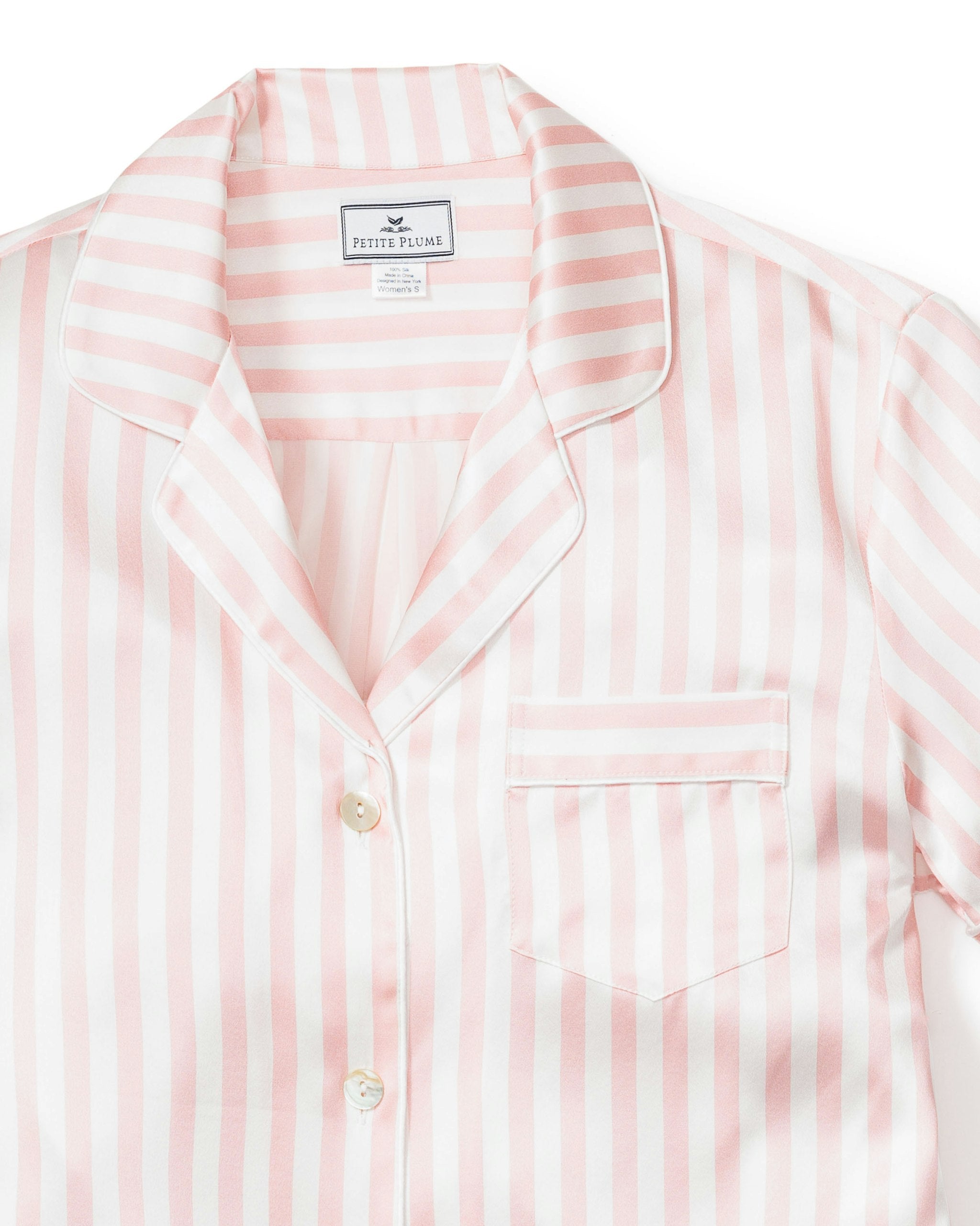 Women's Silk Pajama Short Set in Pink Stripes