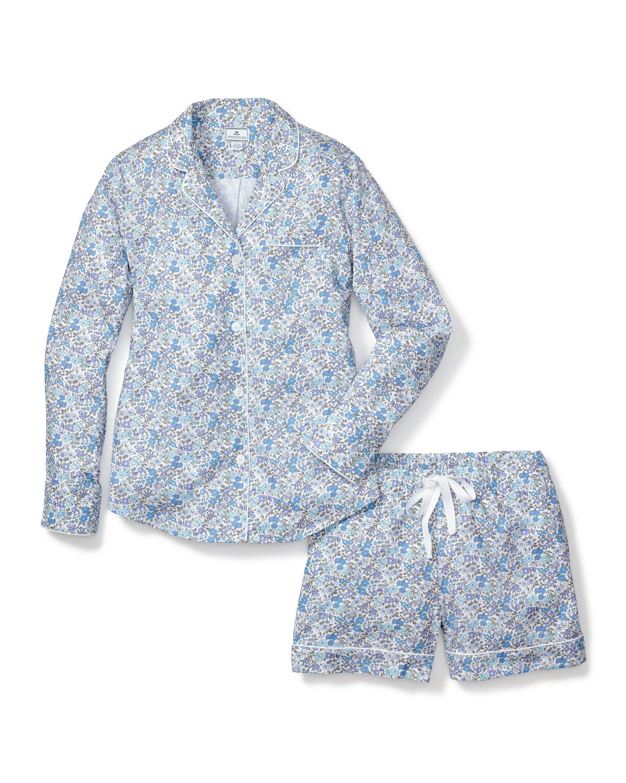 Women's Twill Long Sleeve Short Set in Fleur D'Azur