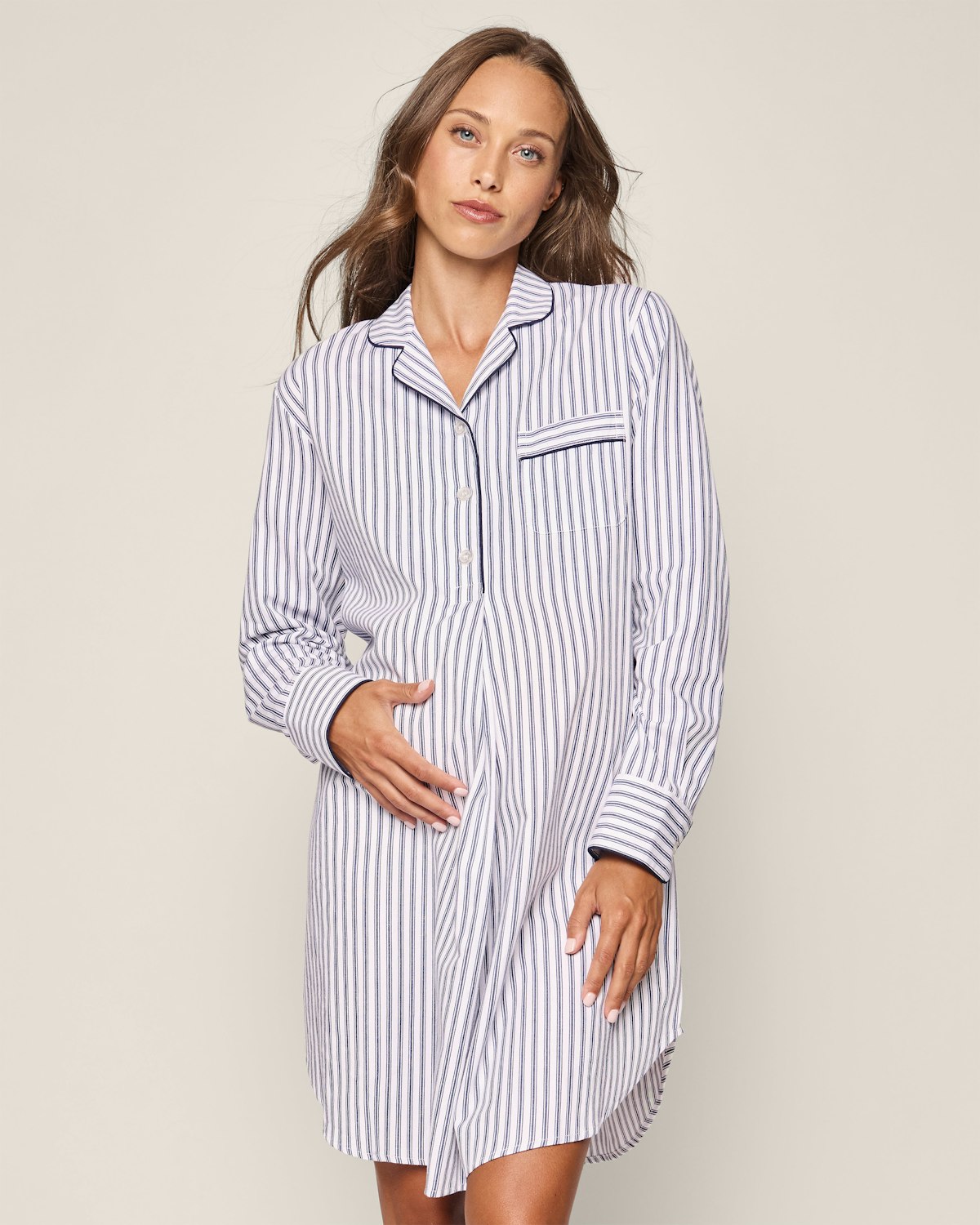 Women's Twill Maternity Nightshirt in Navy French Ticking