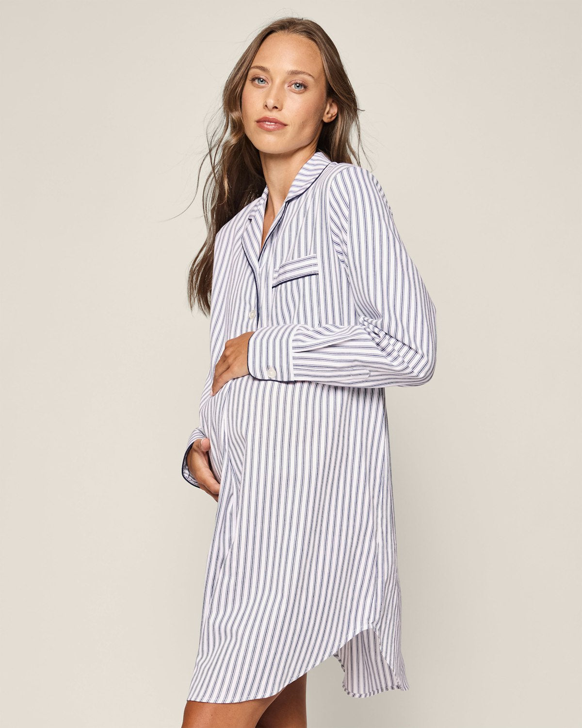 Women's Twill Maternity Nightshirt in Navy French Ticking