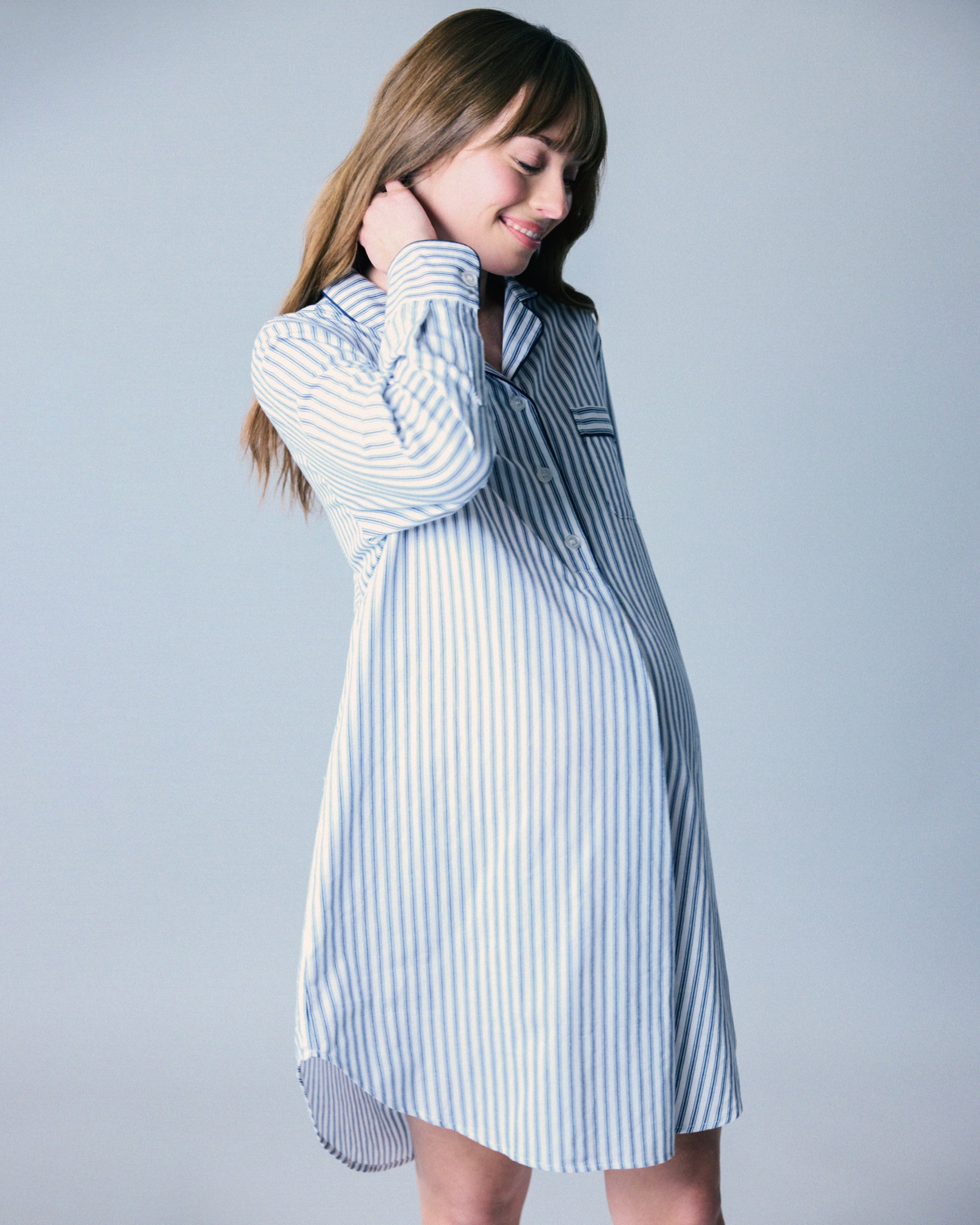 Women's Twill Maternity Nightshirt in Navy French Ticking