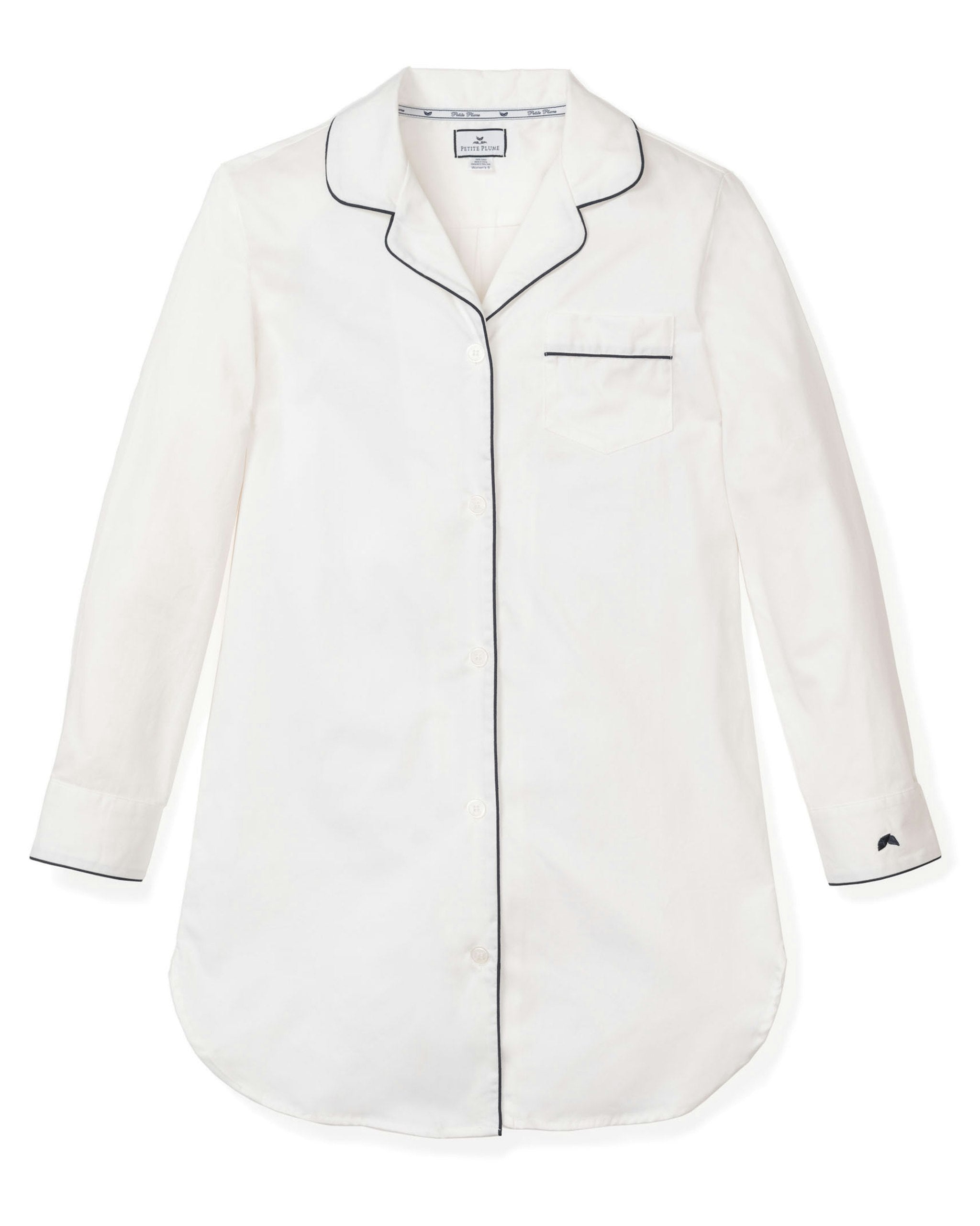 Women's Twill Nightshirt in White With Navy Piping