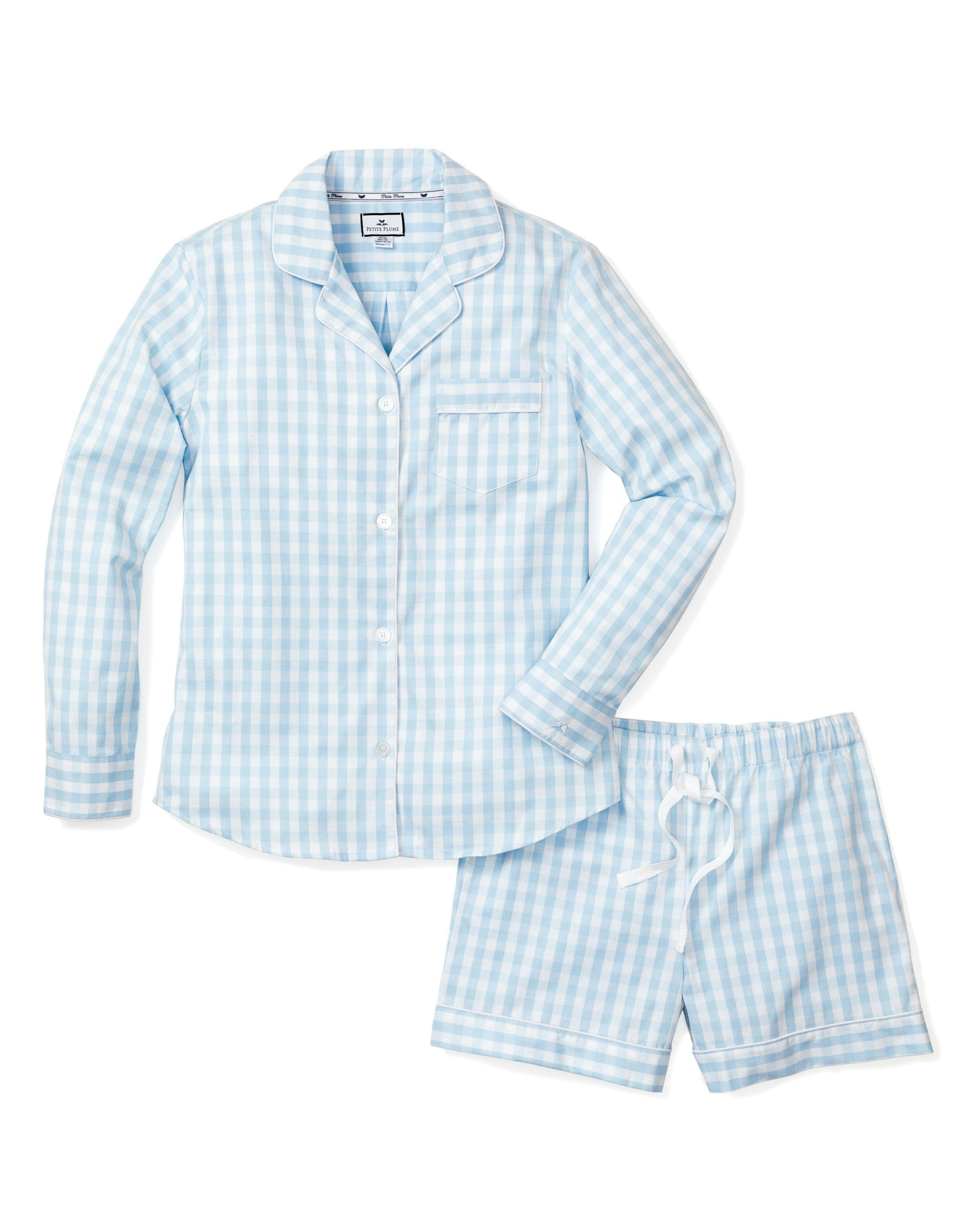Women's Twill Pajama Long Sleeve Short Set in Light Blue Gingham