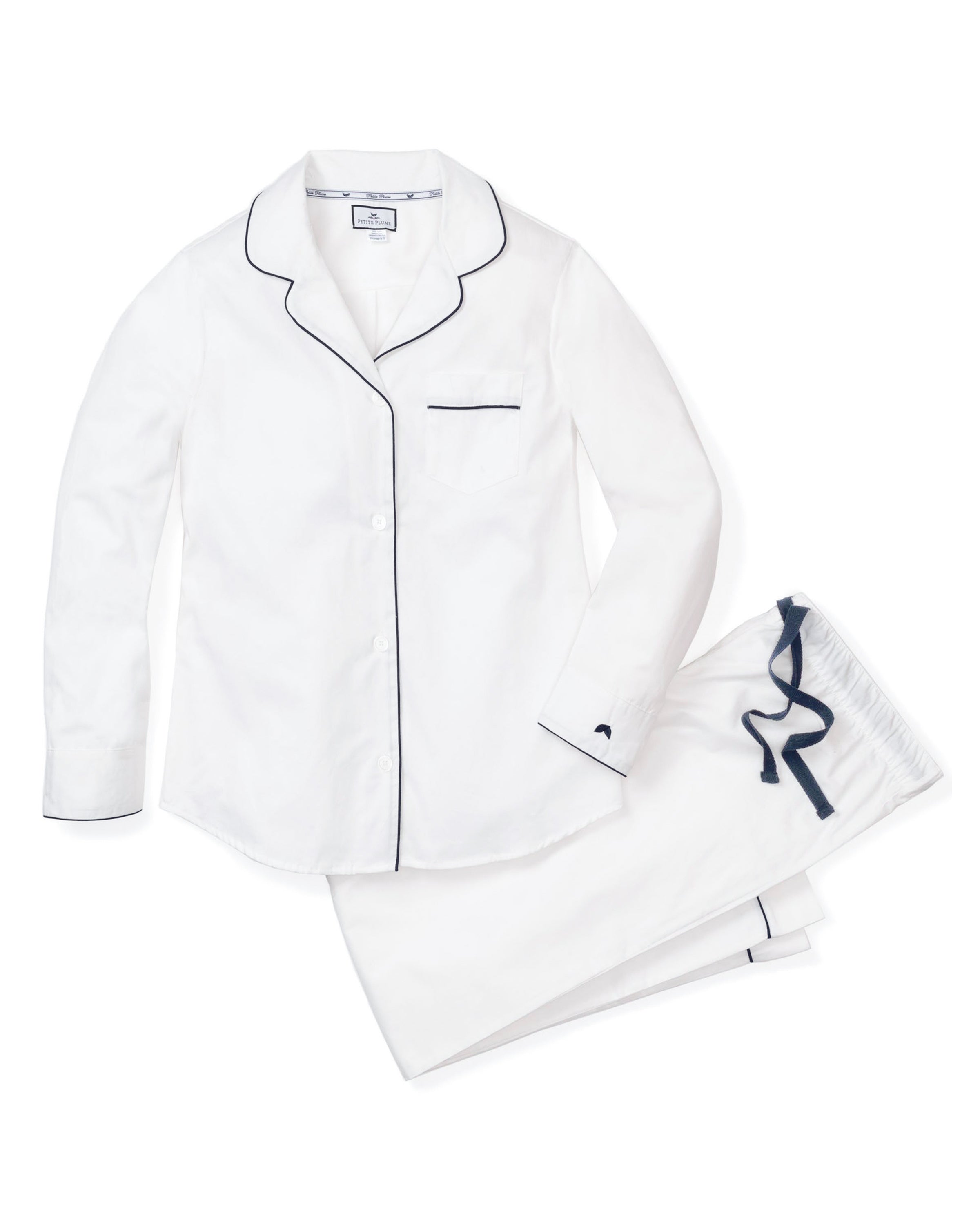 Women's Twill Pajama Set in White With Green Piping