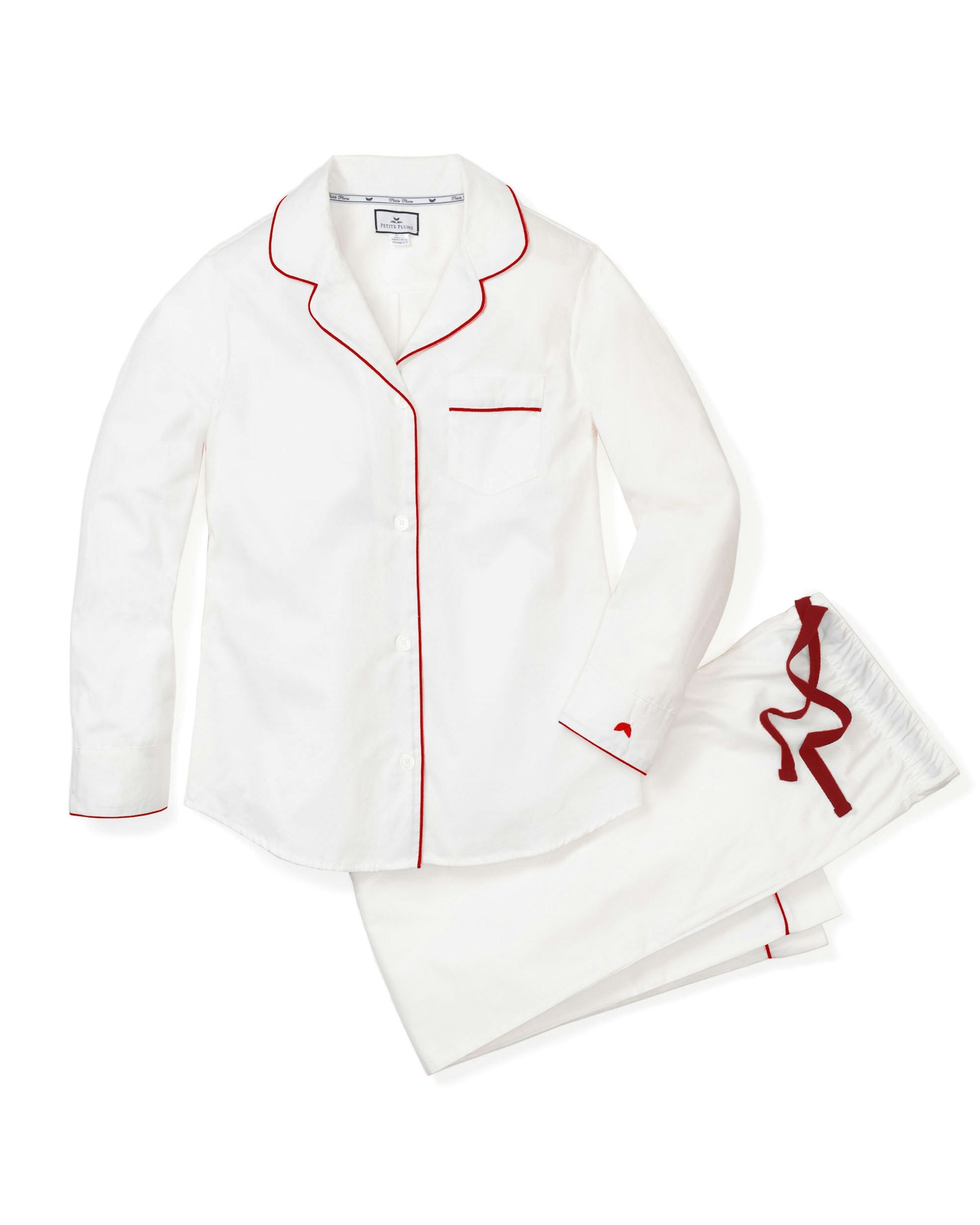 Women's Twill Pajama Set in White With Red Piping