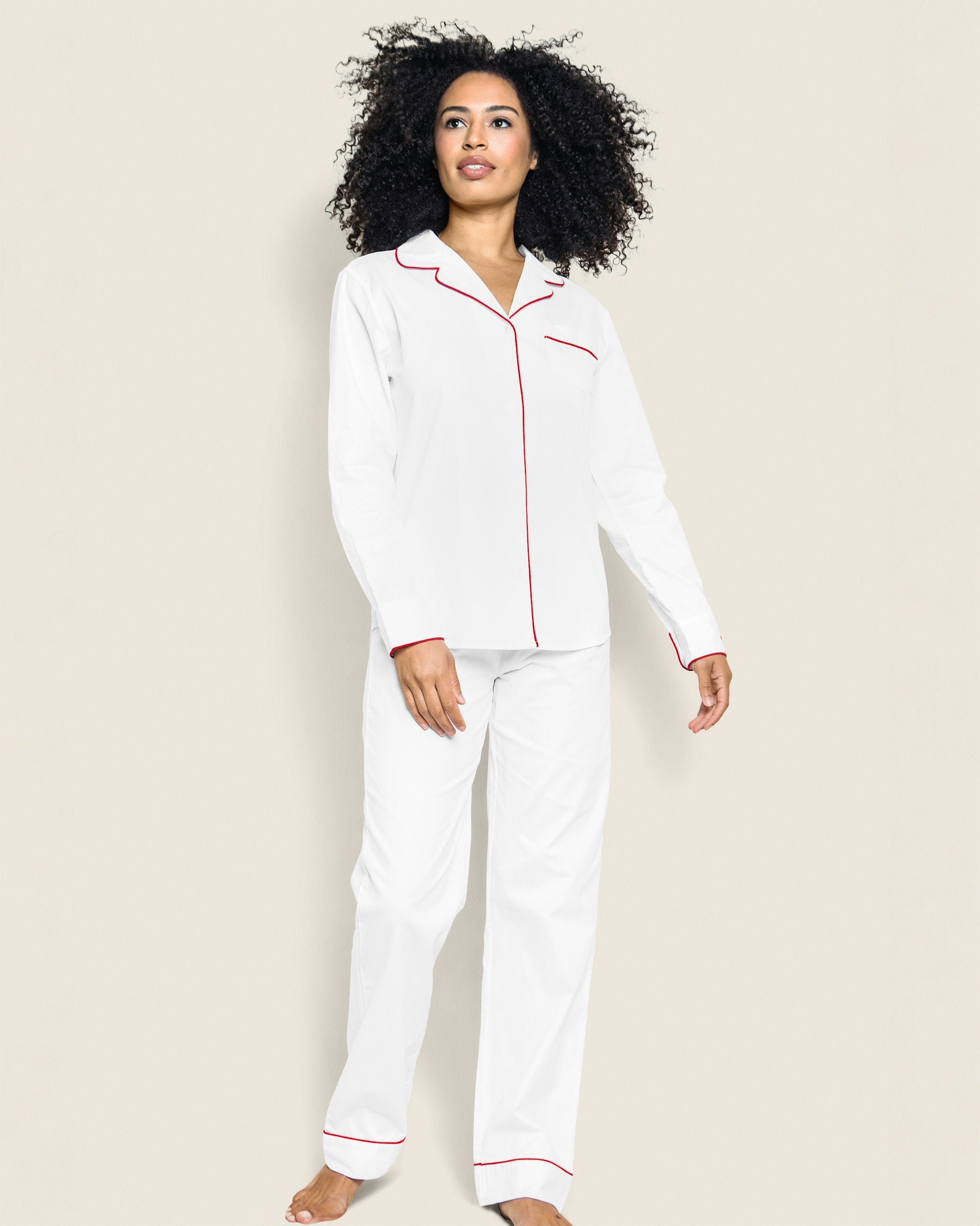 Women's Twill Pajama Set in White With Red Piping