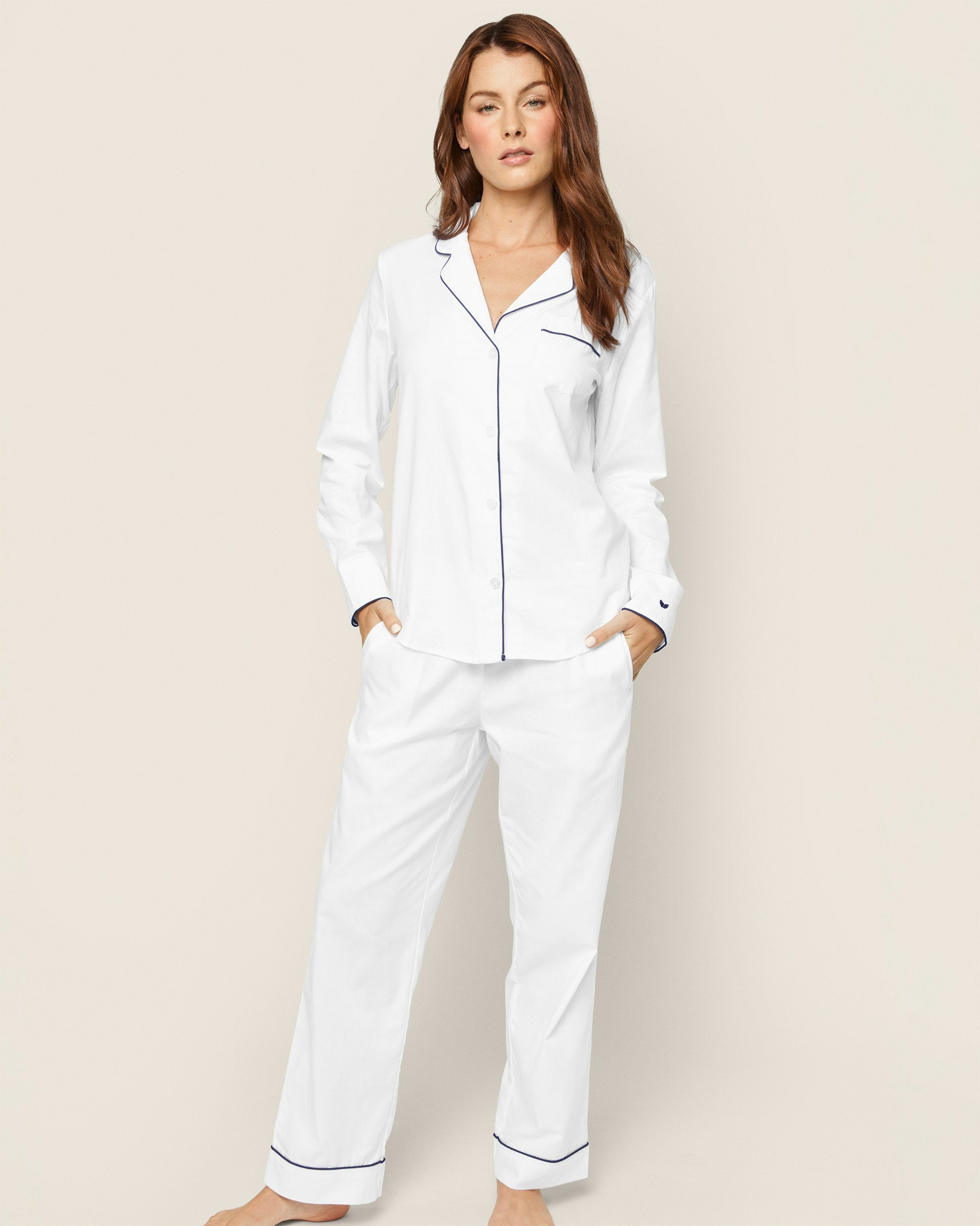 Women's Twill Pajama Set in White With Red Piping