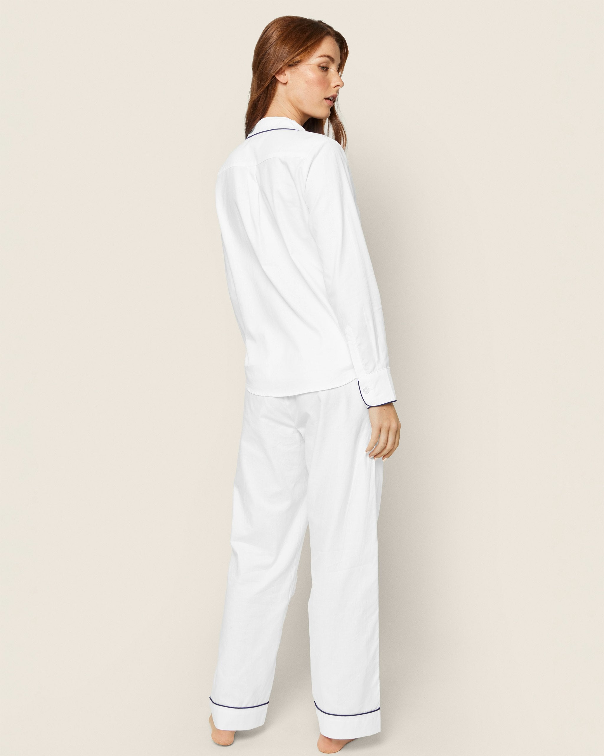 Women's Twill Pajama Set in White With Red Piping