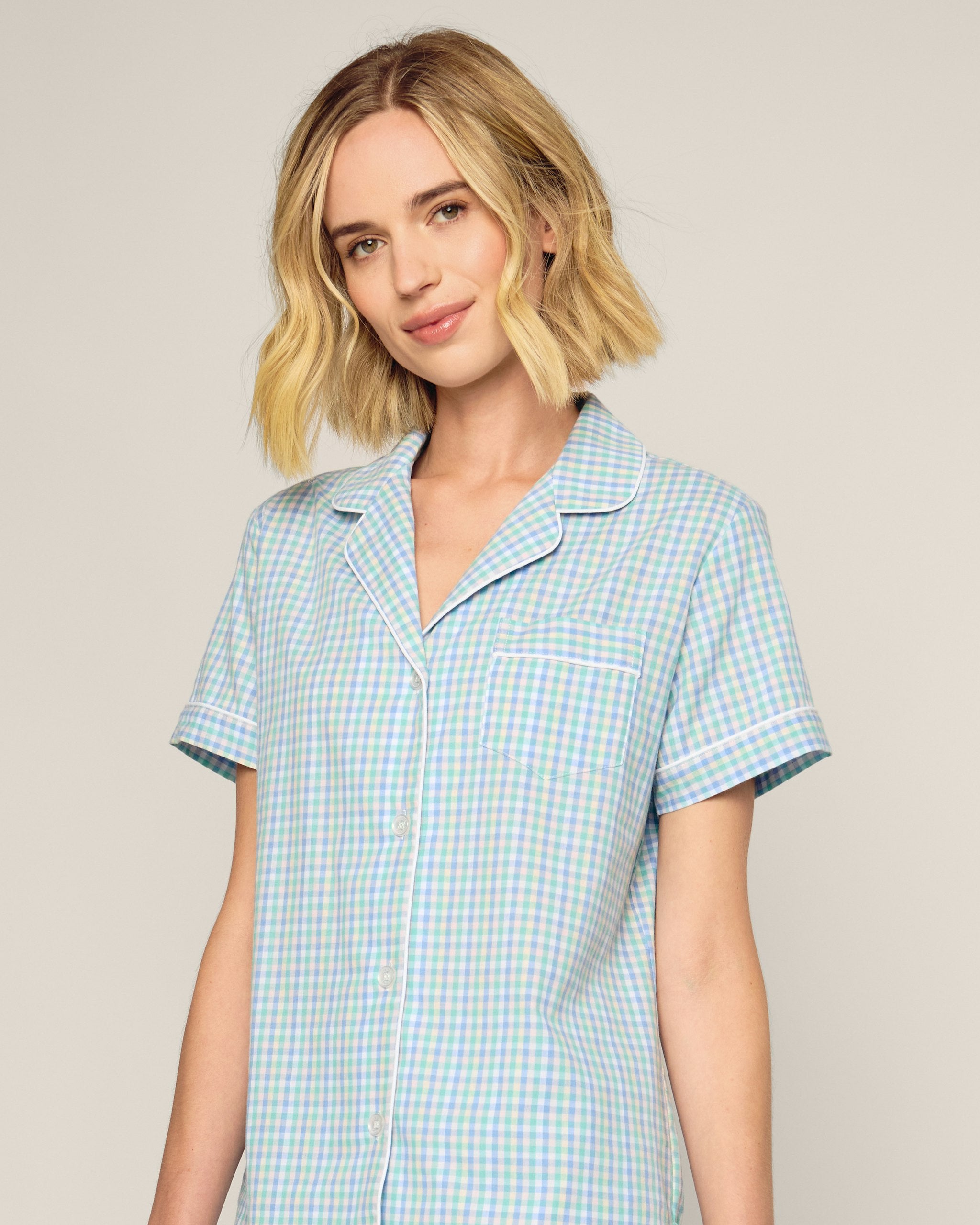 Women's Twill Short Sleeve Short Set in Royal Blue Gingham