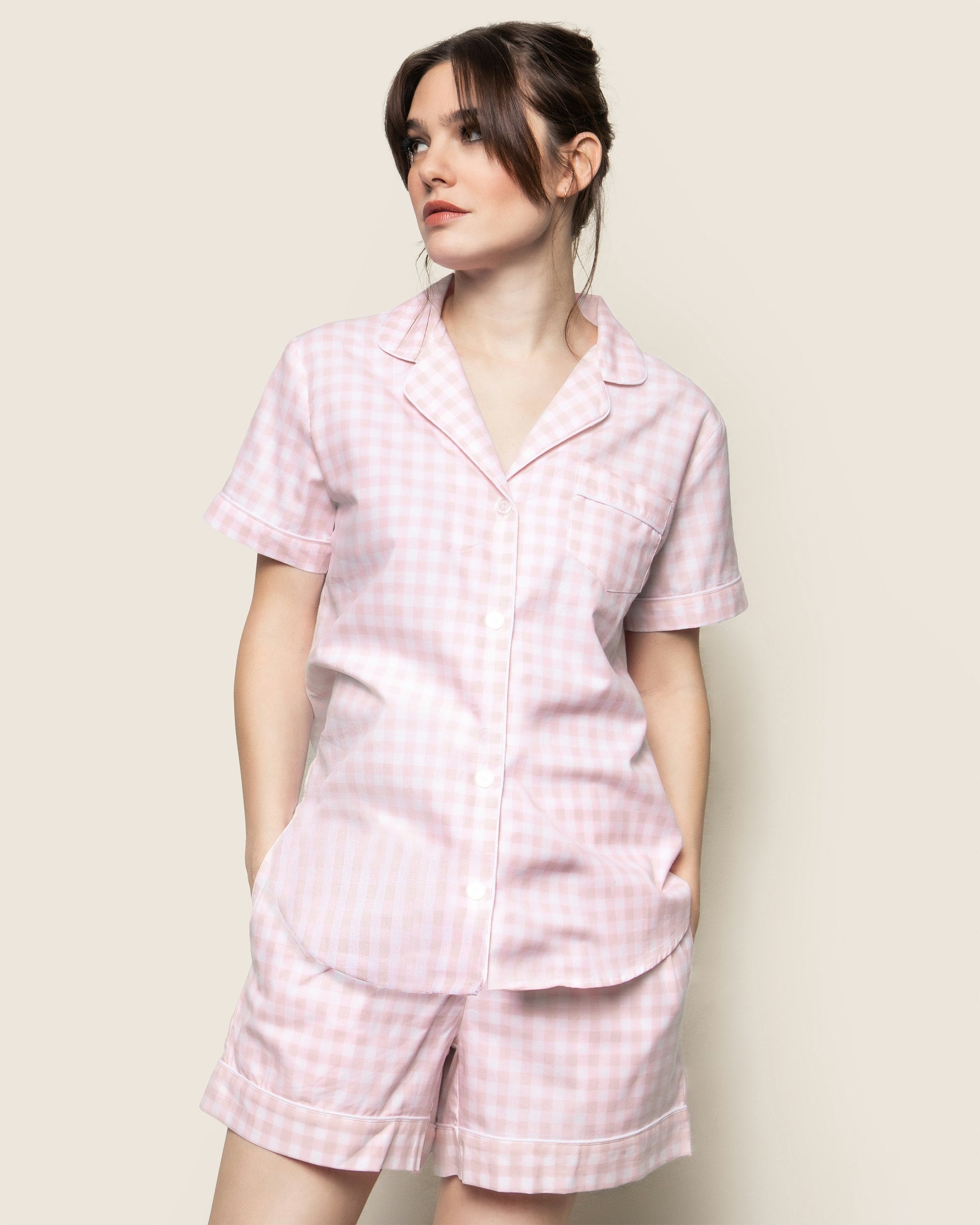Women's Twill Short Sleeve Short Set in Royal Blue Gingham
