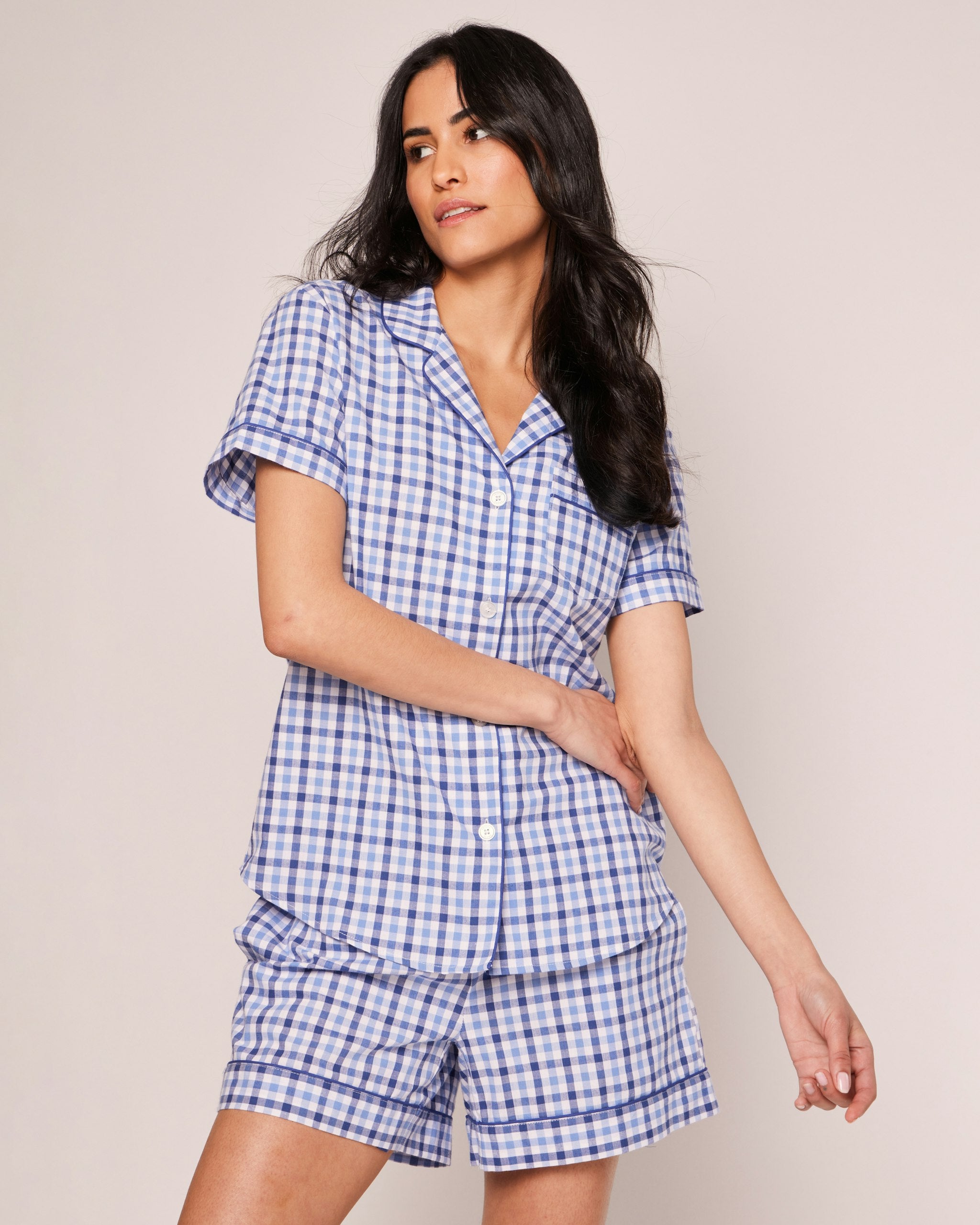 Women's Twill Short Sleeve Short Set in Royal Blue Gingham