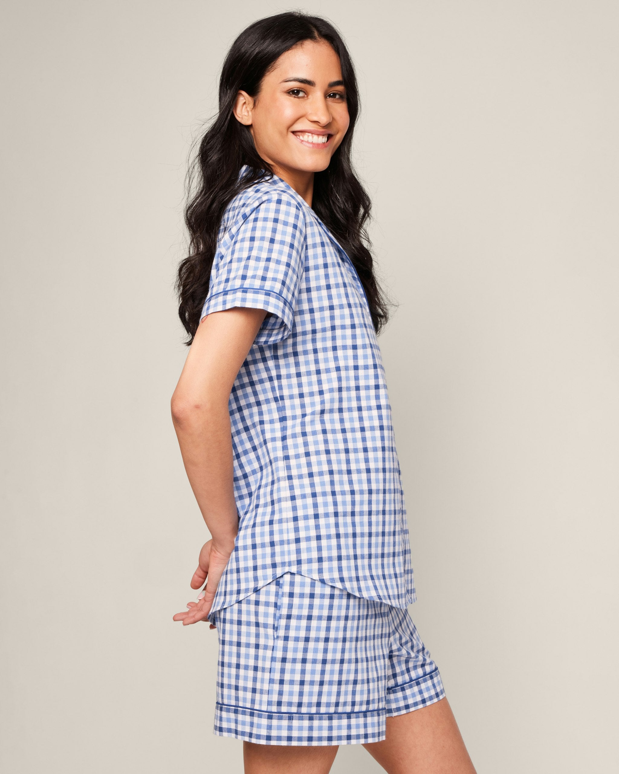 Women's Twill Short Sleeve Short Set in Royal Blue Gingham