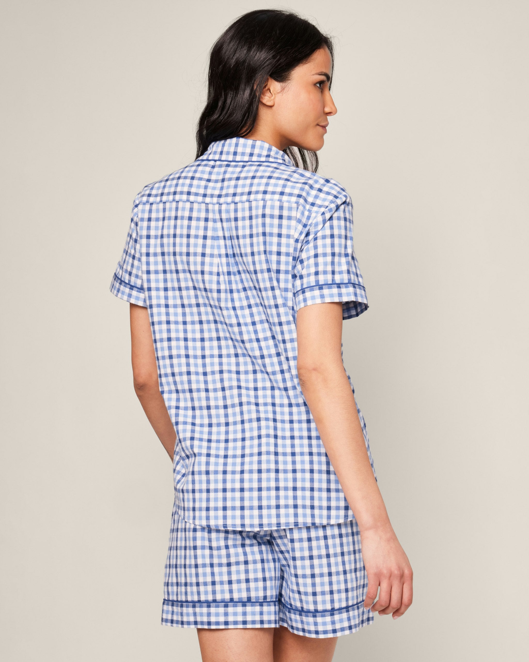 Women's Twill Short Sleeve Short Set in Royal Blue Gingham