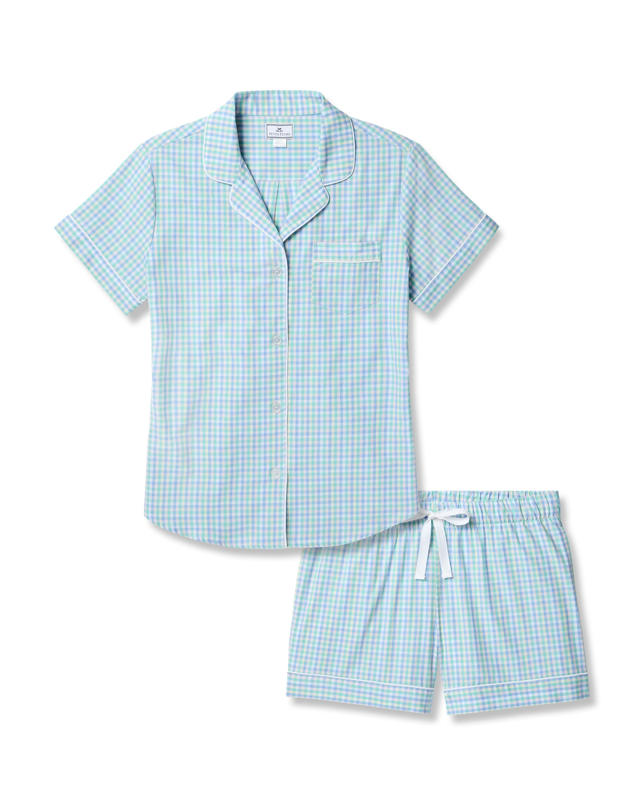 Women's Twill Short Sleeve Short Set in Royal Blue Gingham