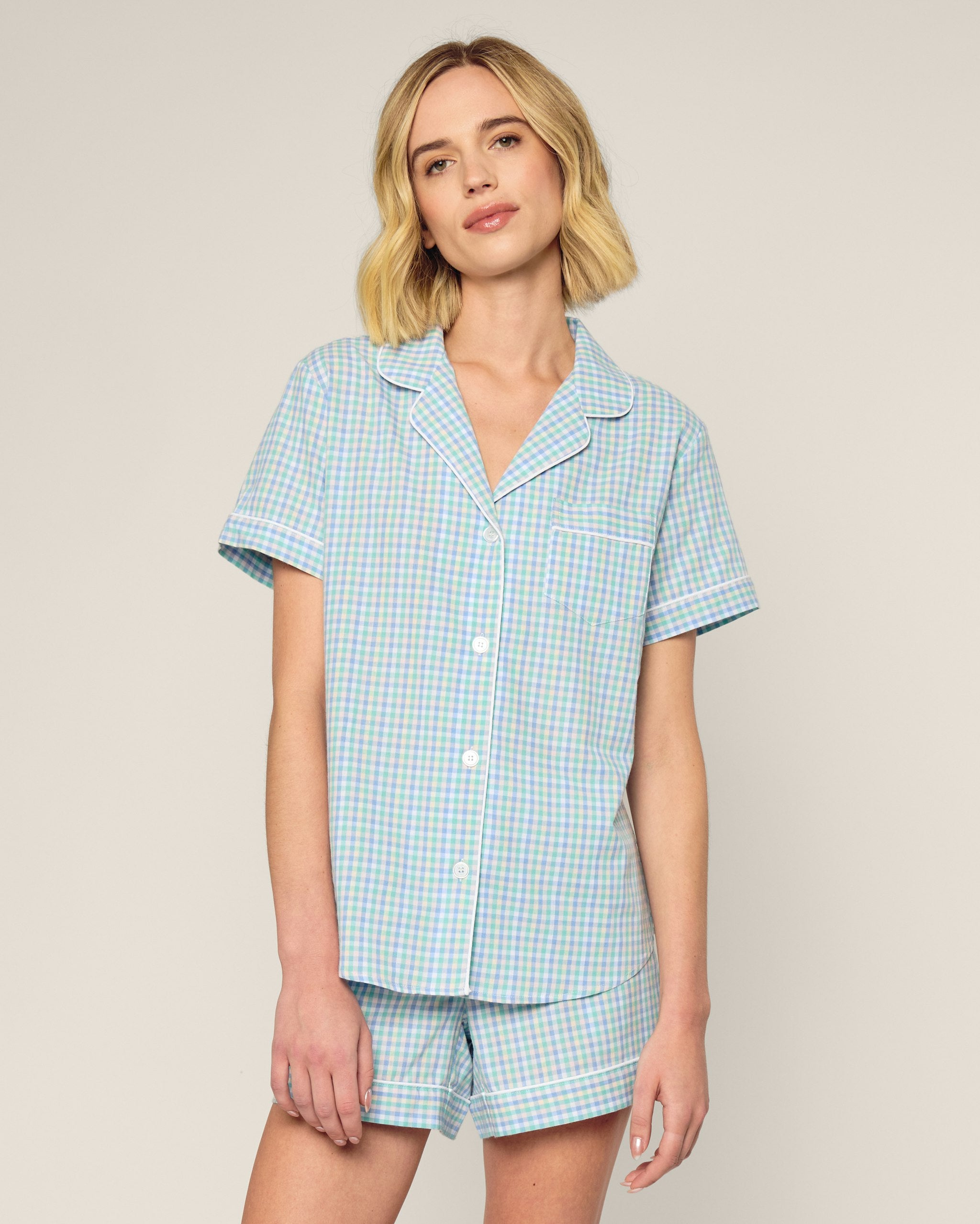 Women's Twill Short Sleeve Short Set in Royal Blue Gingham