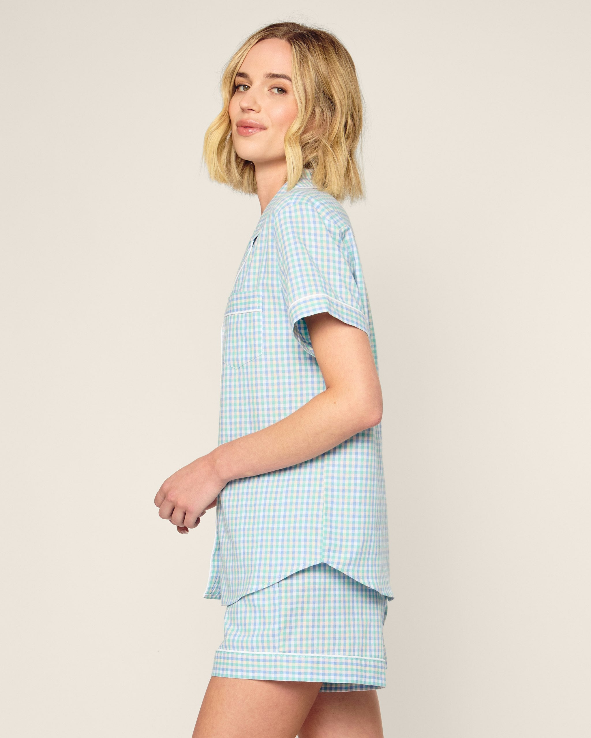 Women's Twill Short Sleeve Short Set in Royal Blue Gingham