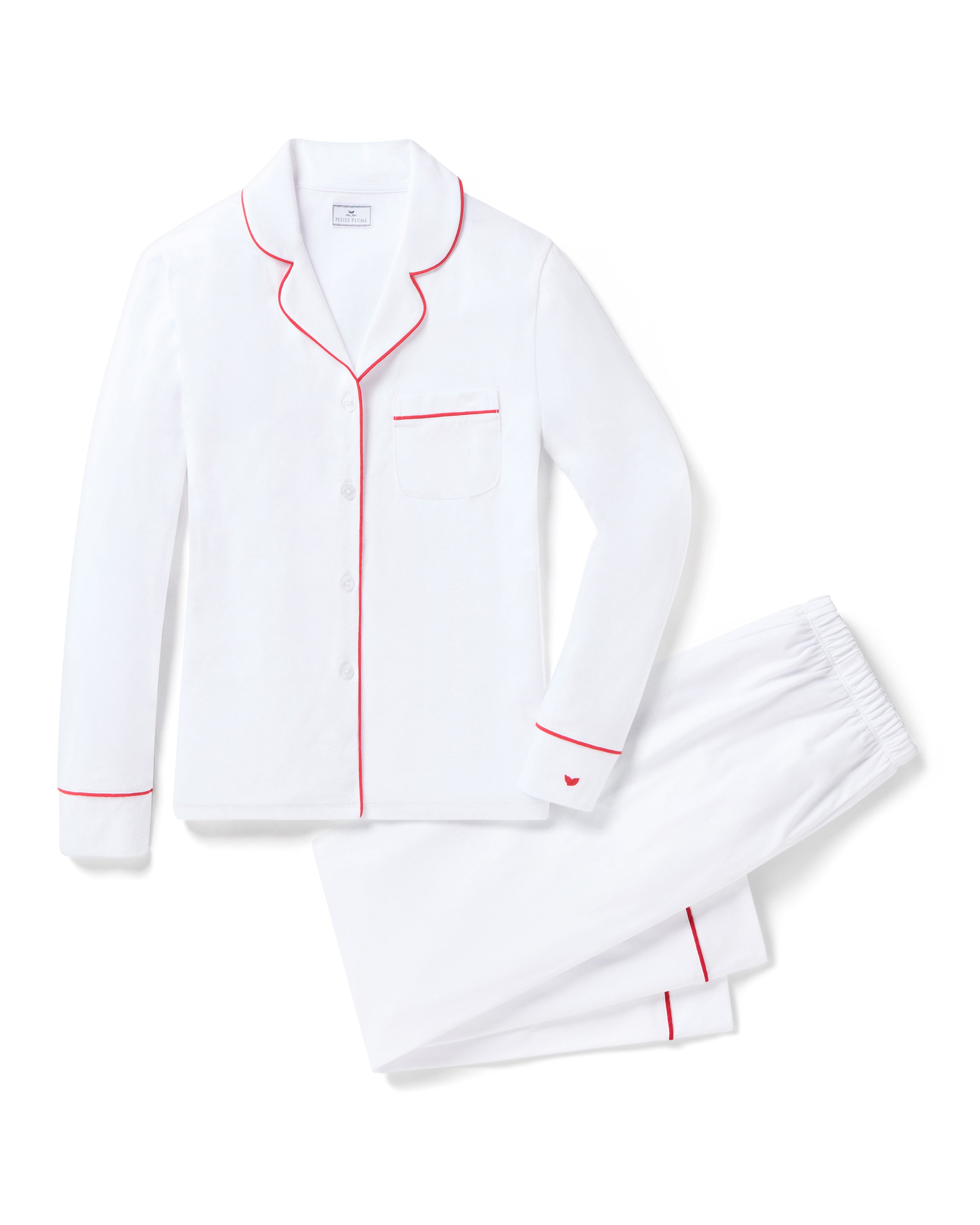 Women's White Pima Pajama Set with Red Piping