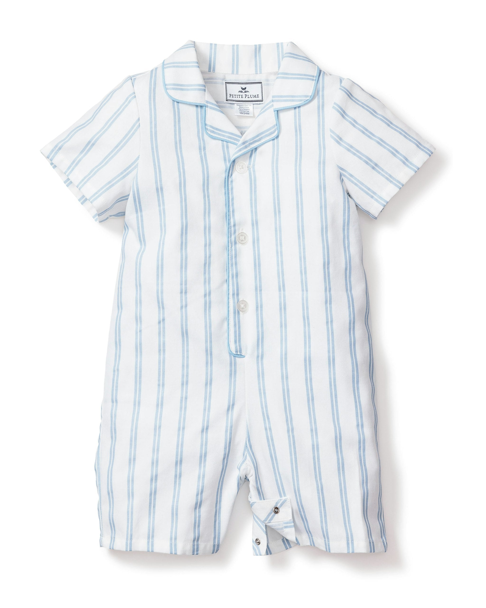 Baby's Twill Summer Romper in Periwinkle and White Stripe