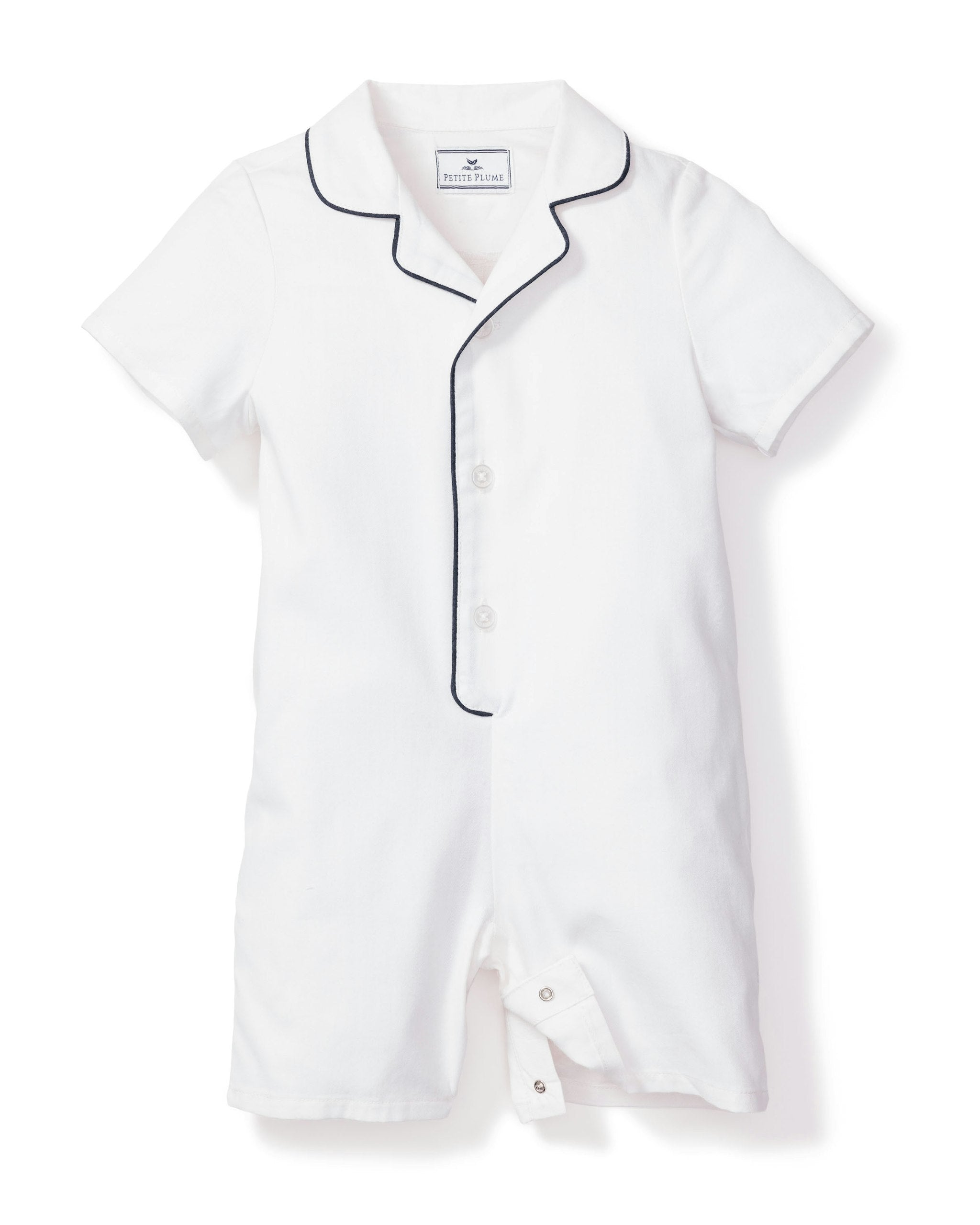 Baby's Twill Summer Romper in White With Navy Piping