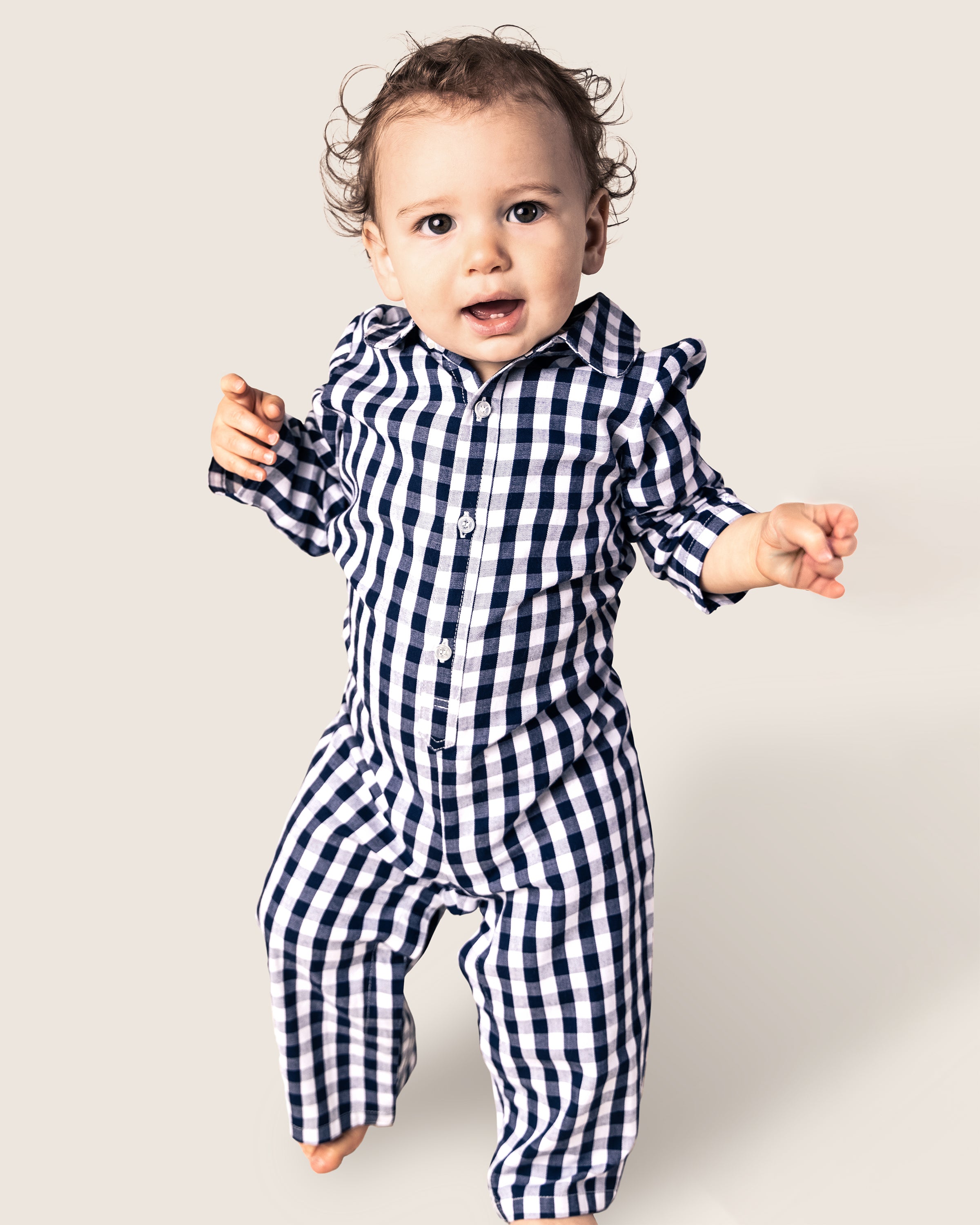 Baby's Twill Winter Romper in Navy Gingham