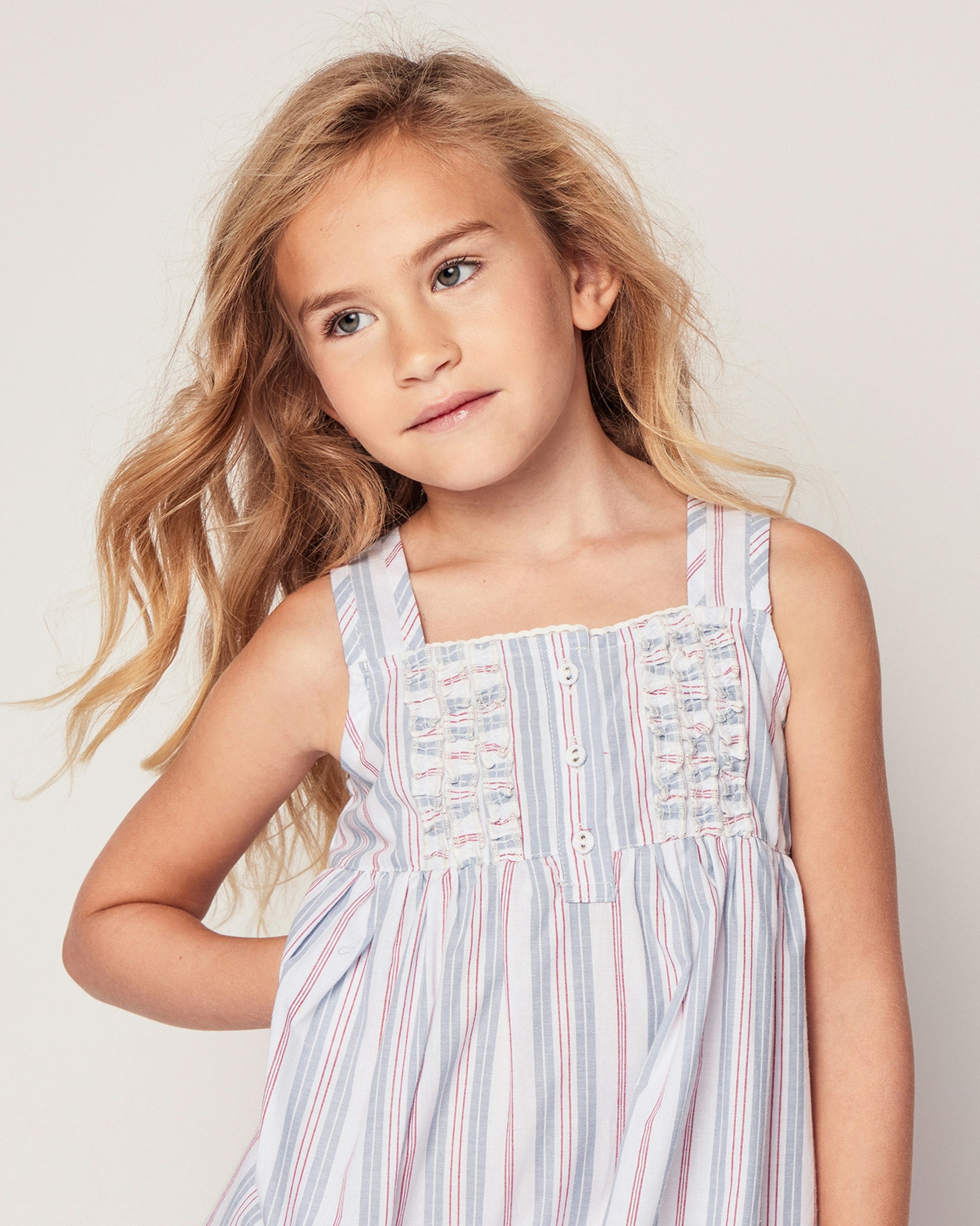 Girl's Twill Charlotte Nightgown in Lavender French Ticking