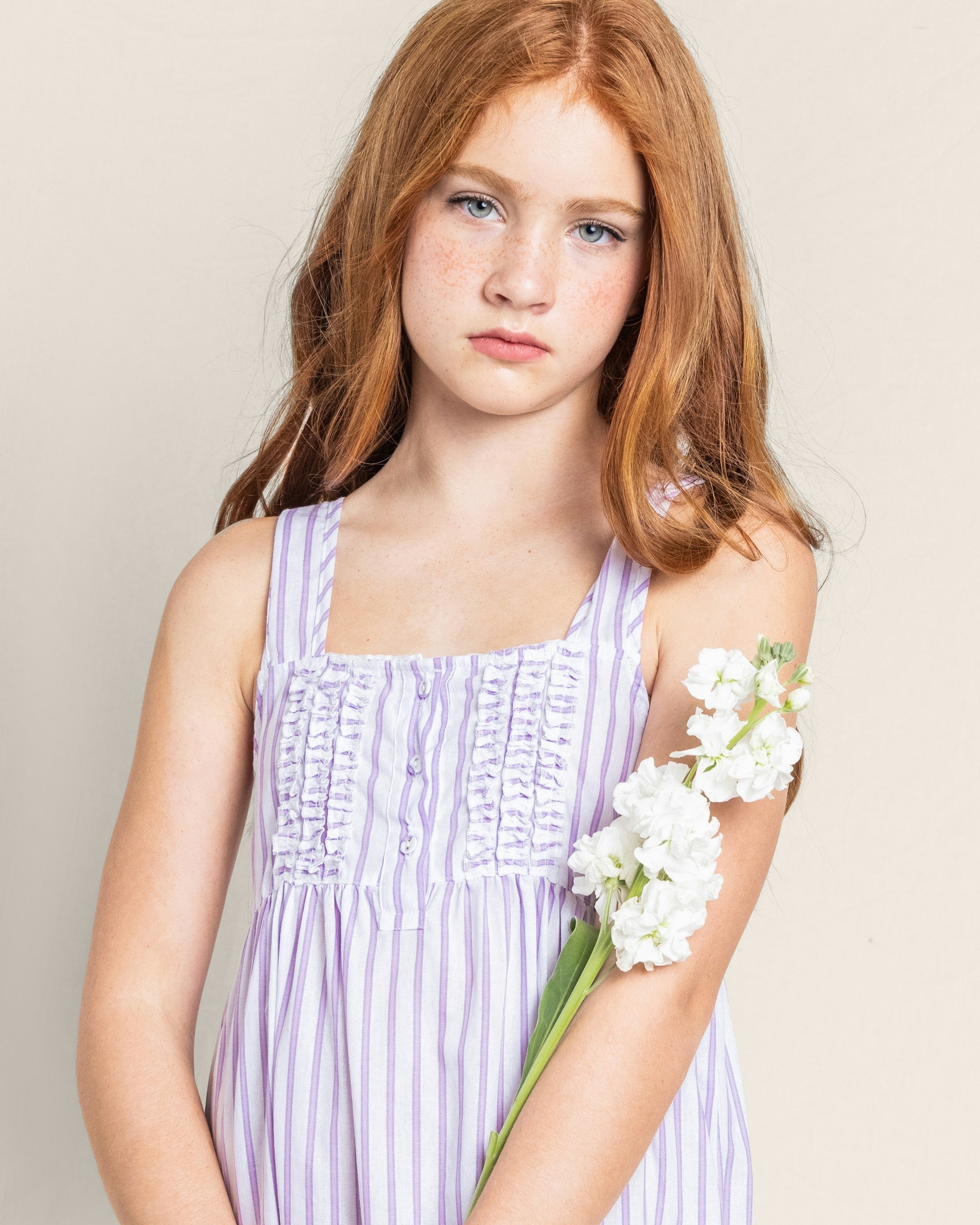 Girl's Twill Charlotte Nightgown in Lavender French Ticking