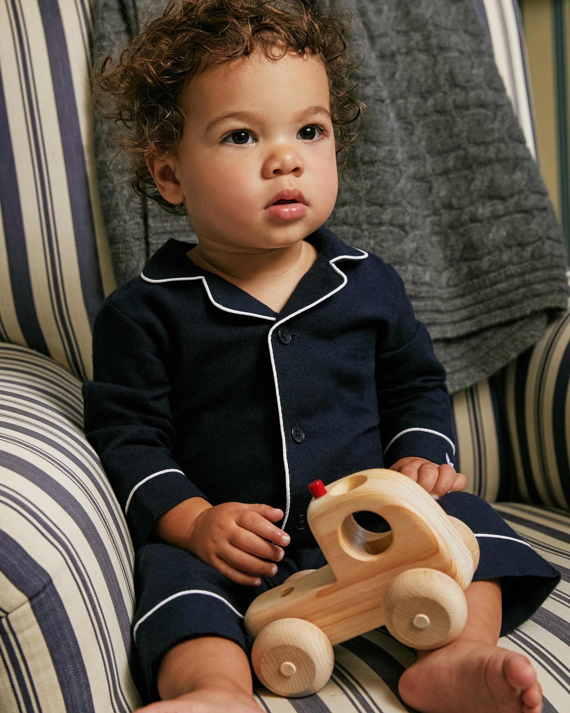 Baby's Flannel Romper in Navy with White Piping