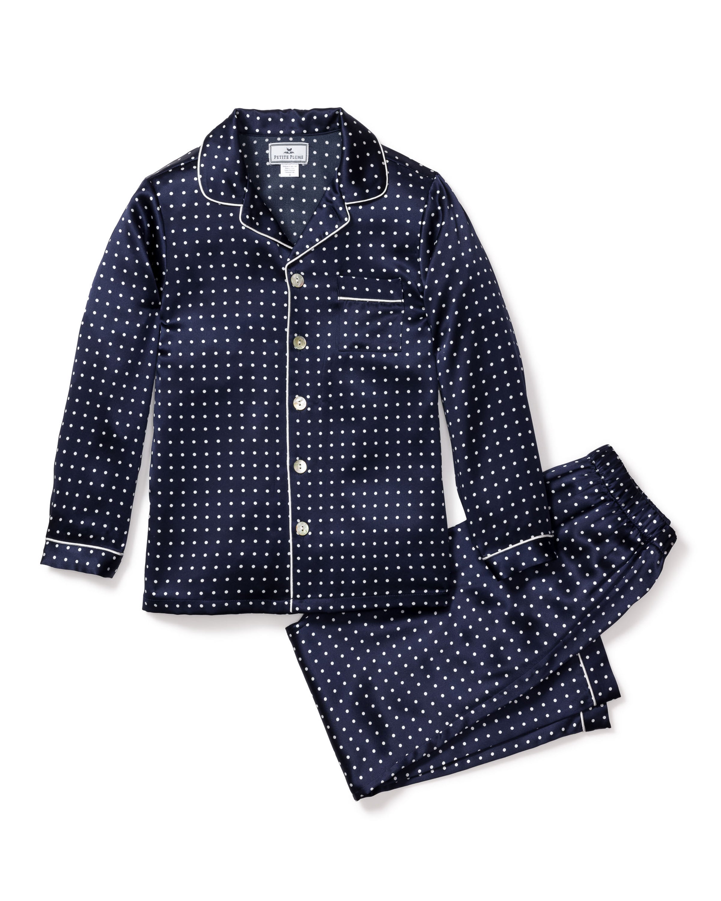 Kid's Silk Pajama Set in Navy Polka Dot