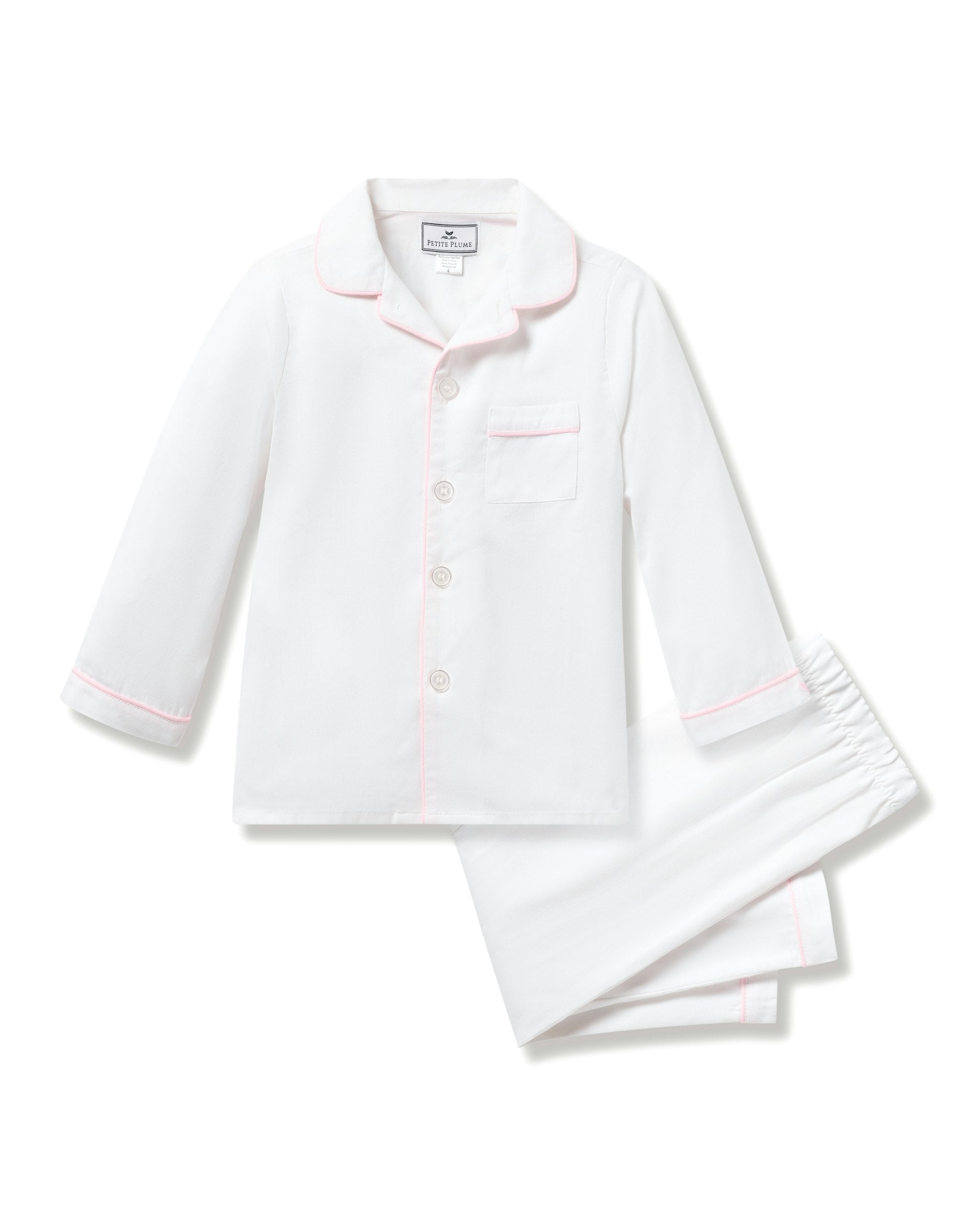 Kid's Twill Pajama Set in White with Pink Piping