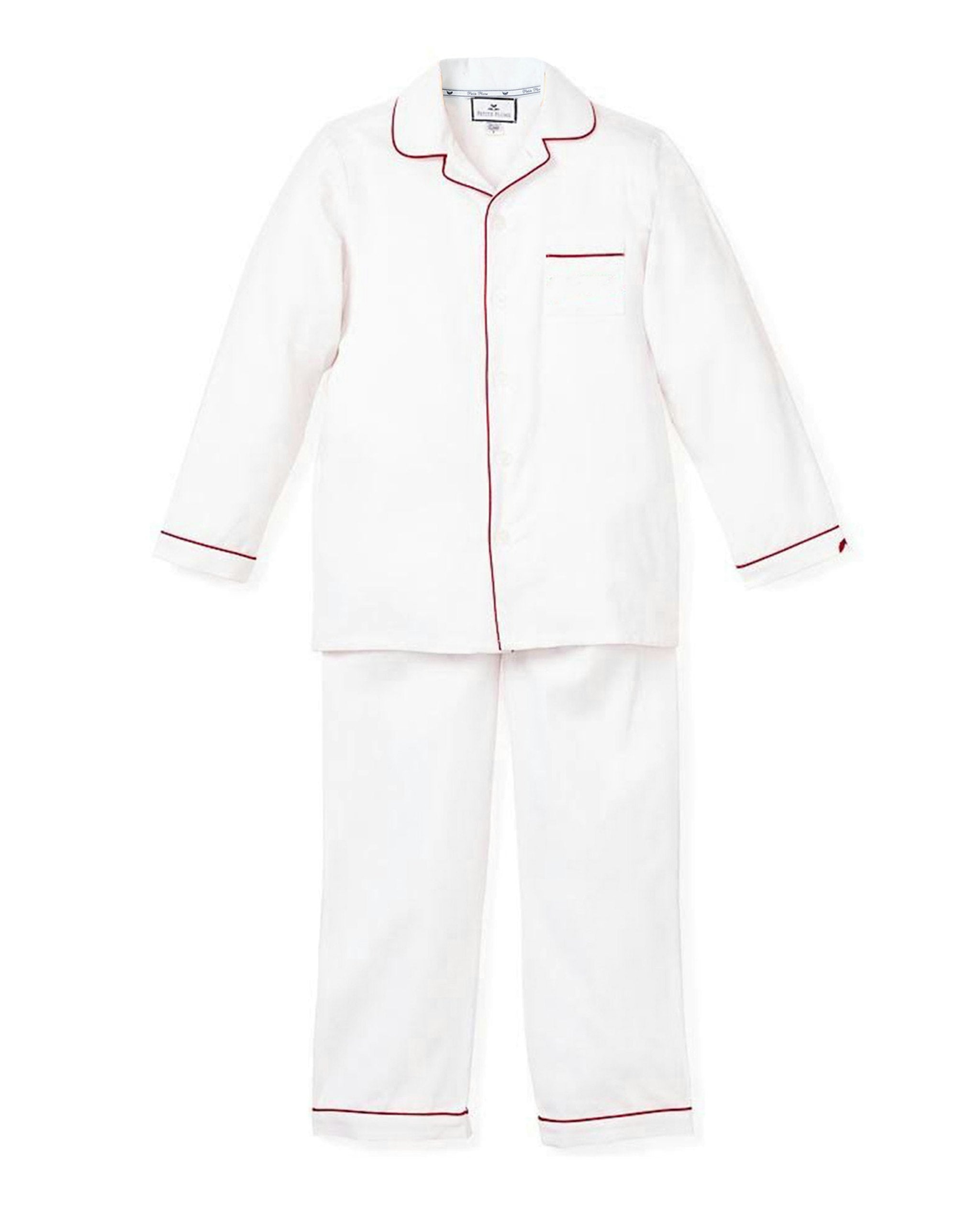 Kid's Twill Pajama Set in White with Red Piping