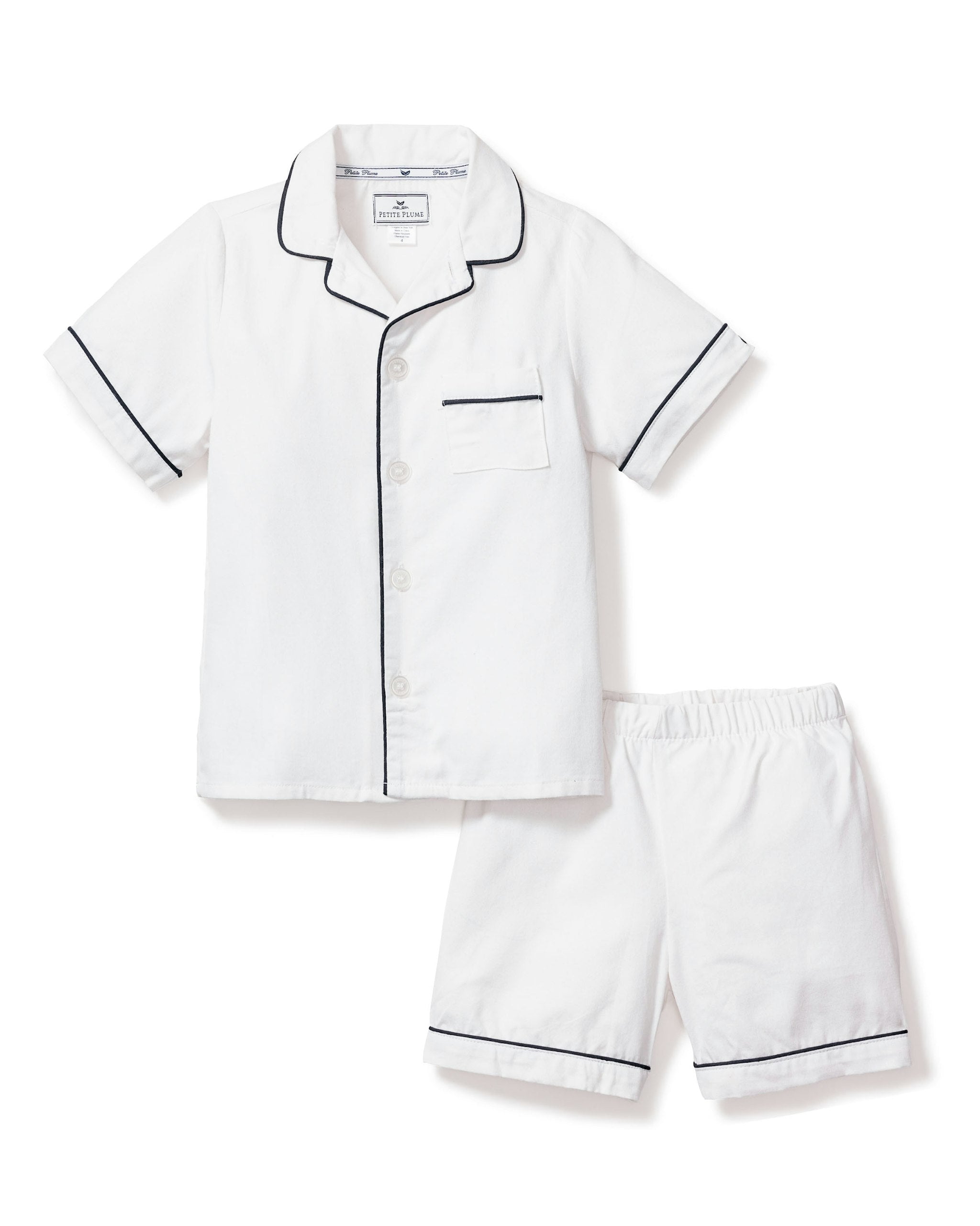 Kid's Twill Pajama Short Set in White with Navy Piping