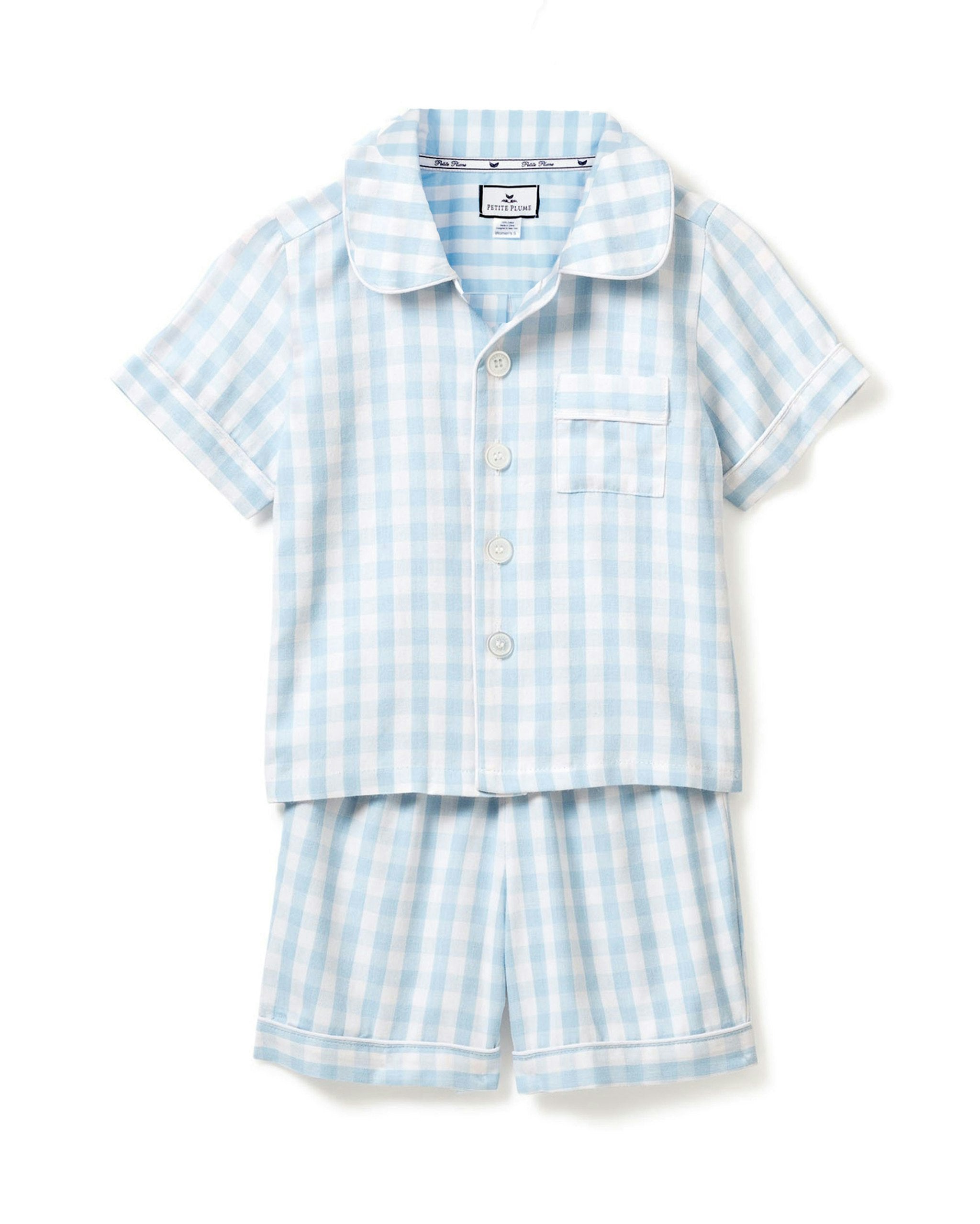 Kid's Twill Short Set in Light Blue Gingham