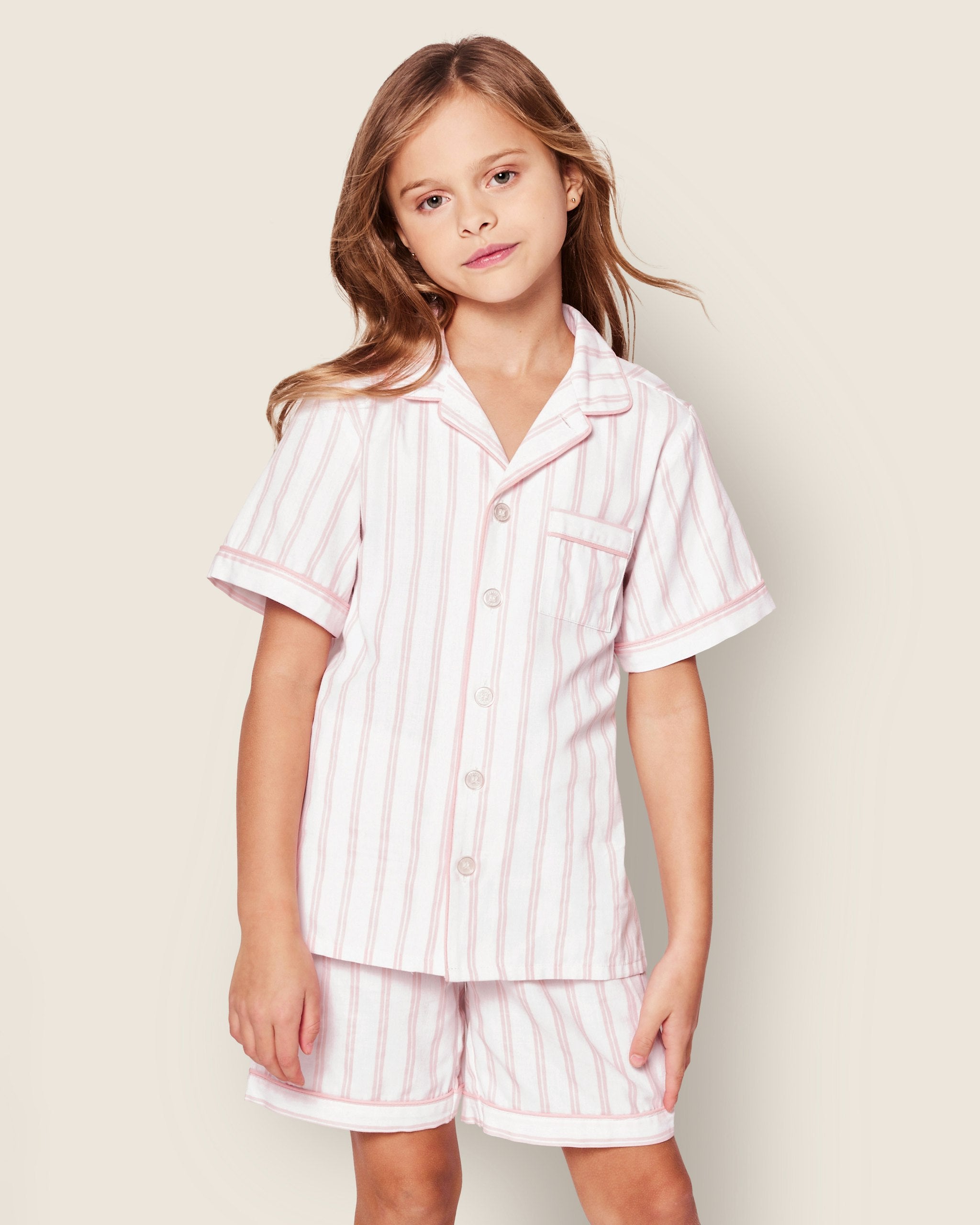 Kid's Twill Short Set in Pink and White Stripe