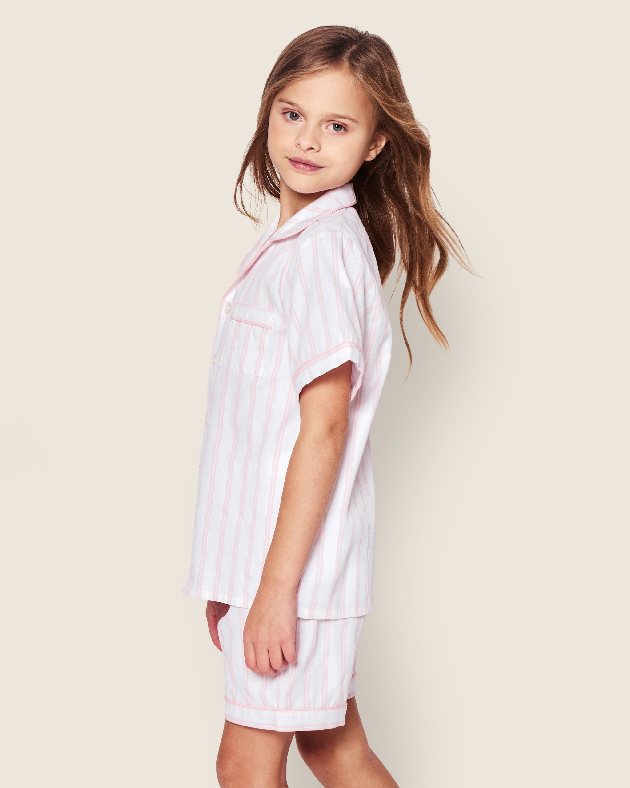 Kid's Twill Short Set in Pink and White Stripe