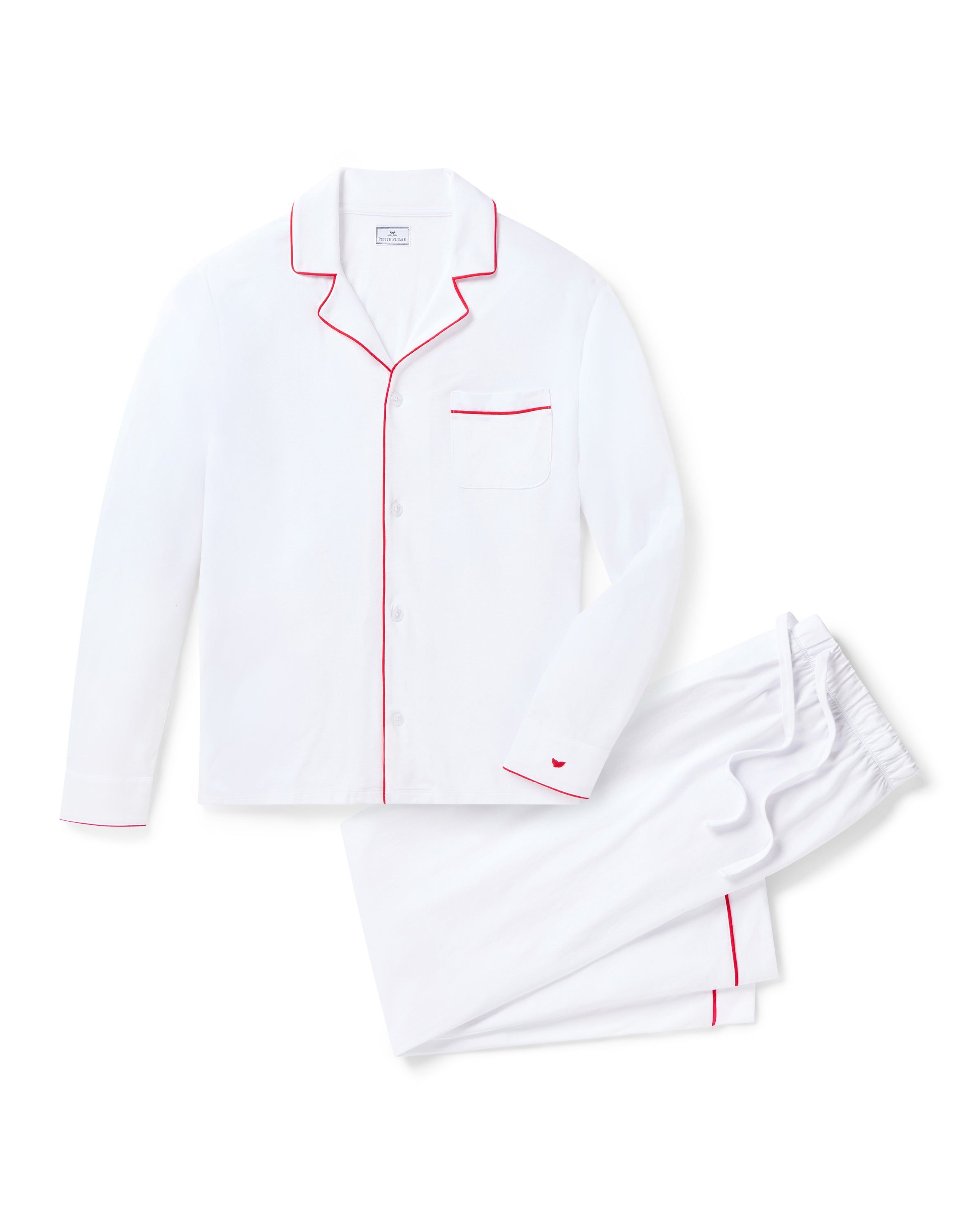 Men's Pima Pajama Set in White with Navy Piping