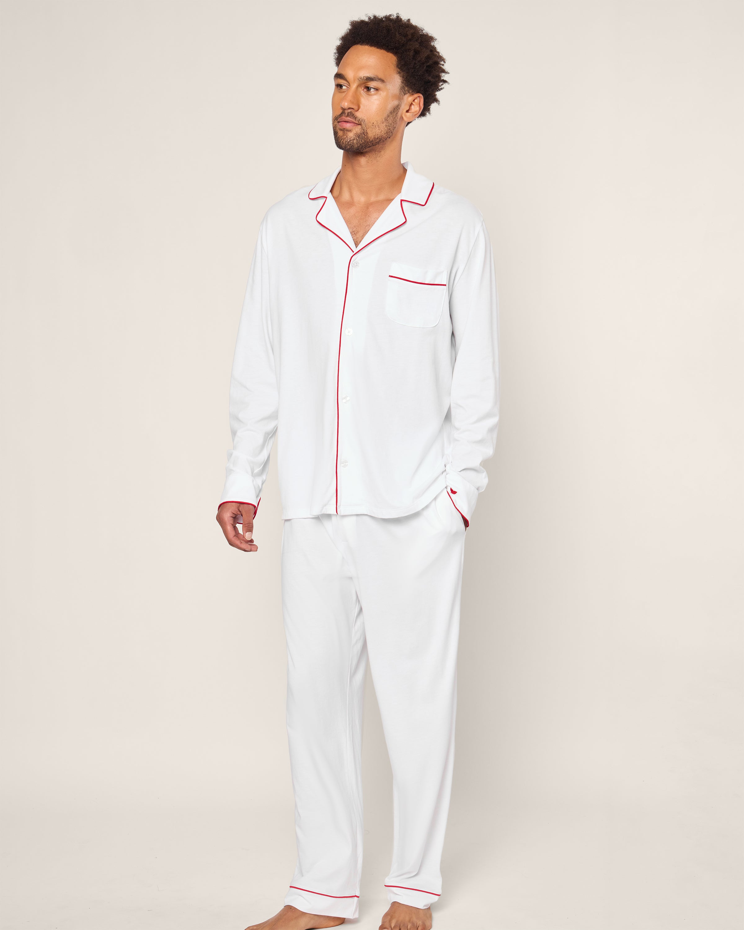 Men's Pima Pajama Set in White with Navy Piping